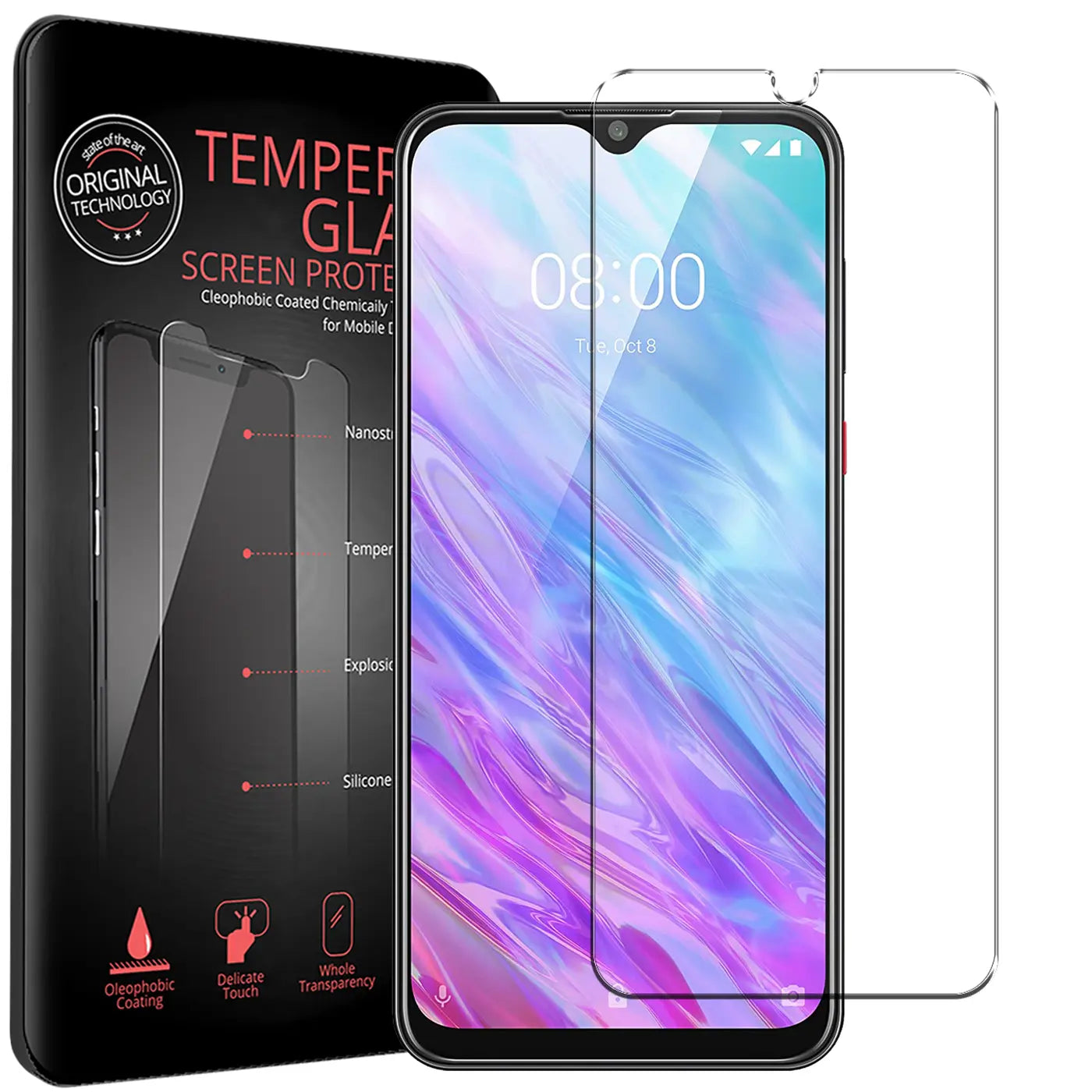 Schwarze Verpackung, ZTE Blade 10 Smart mit angebrachtem Panzerglas und ein weiteres Panzerglas daneben, schräg von vorne.