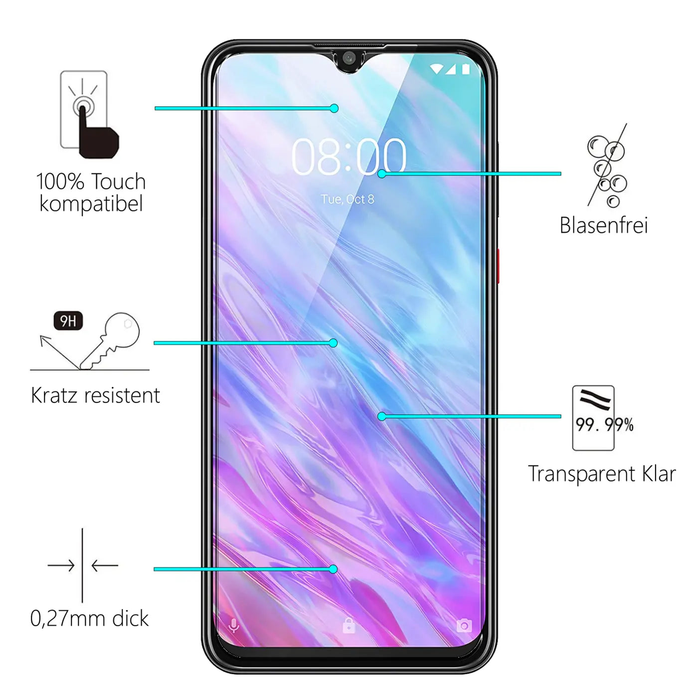 ZTE Blade 10 Smart mit transparentem Panzerglas-Displayschutz, frontal, umgeben von Piktogrammen und Text.