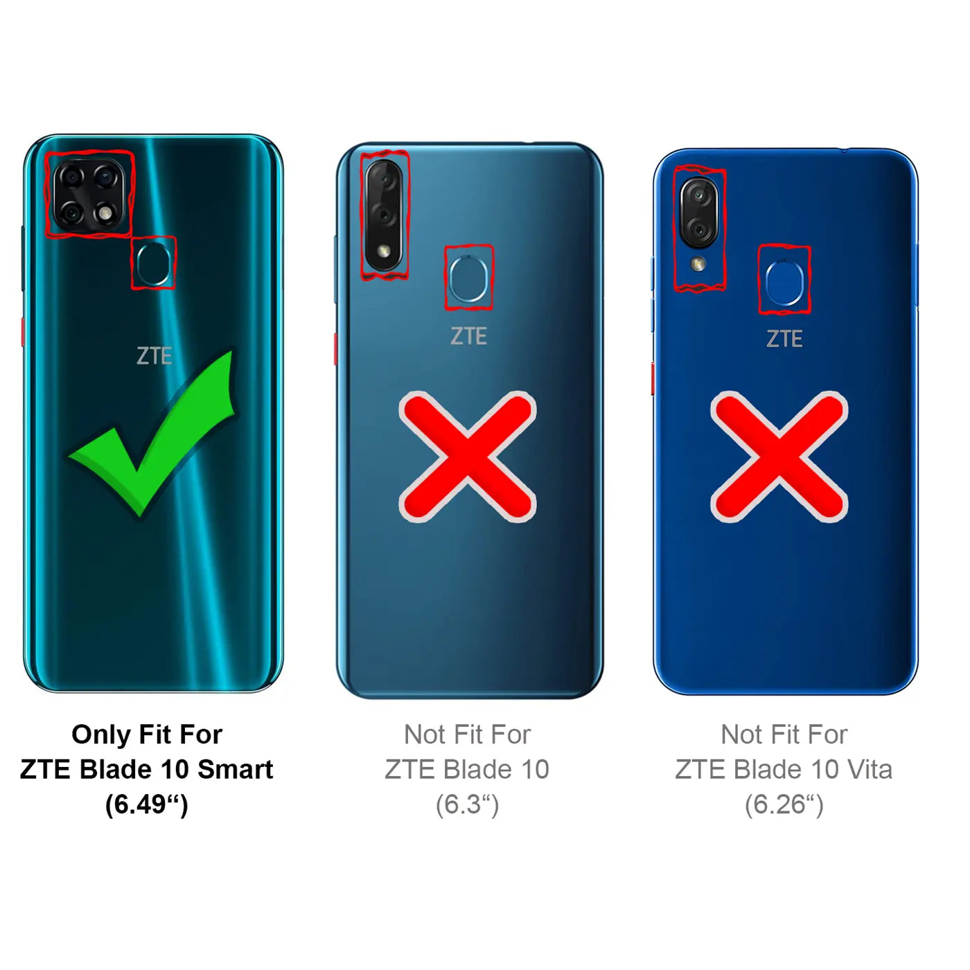 Rückansicht von 3 ZTE Smartphones: links Blade 10 Smart (grün, Haken), Mitte Blade 10 (blau, X), rechts Blade 10 Vita (blau.