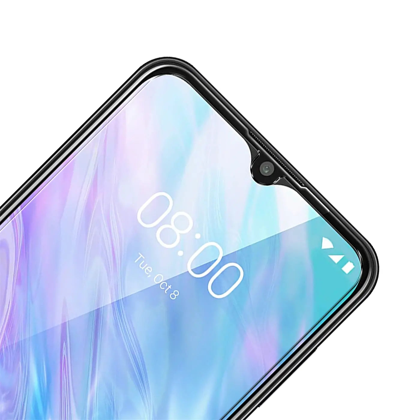 Nahaufnahme des oberen rechten Bereichs eines ZTE Blade 10 Smart mit Panzerglas-Displayschutz. Blickwinkel von schräg oben.