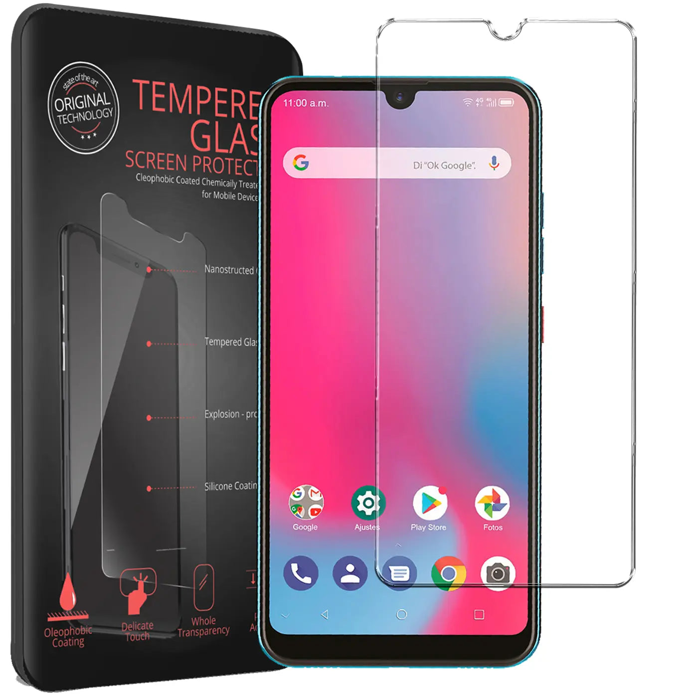 Schwarze Verpackung mit Panzerglas-Abbildung, daneben ein ZTE Blade 10 Vita mit klarem Panzerglas. Frontalansicht.