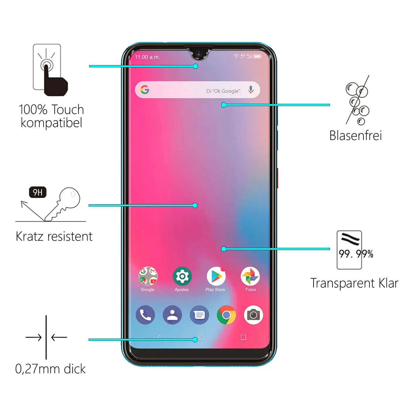 ZTE Blade 10 Vita Smartphone mit Displayschutzfolie aus Panzerglas, frontal, umgeben von Piktogrammen mit Produktmerkmalen.