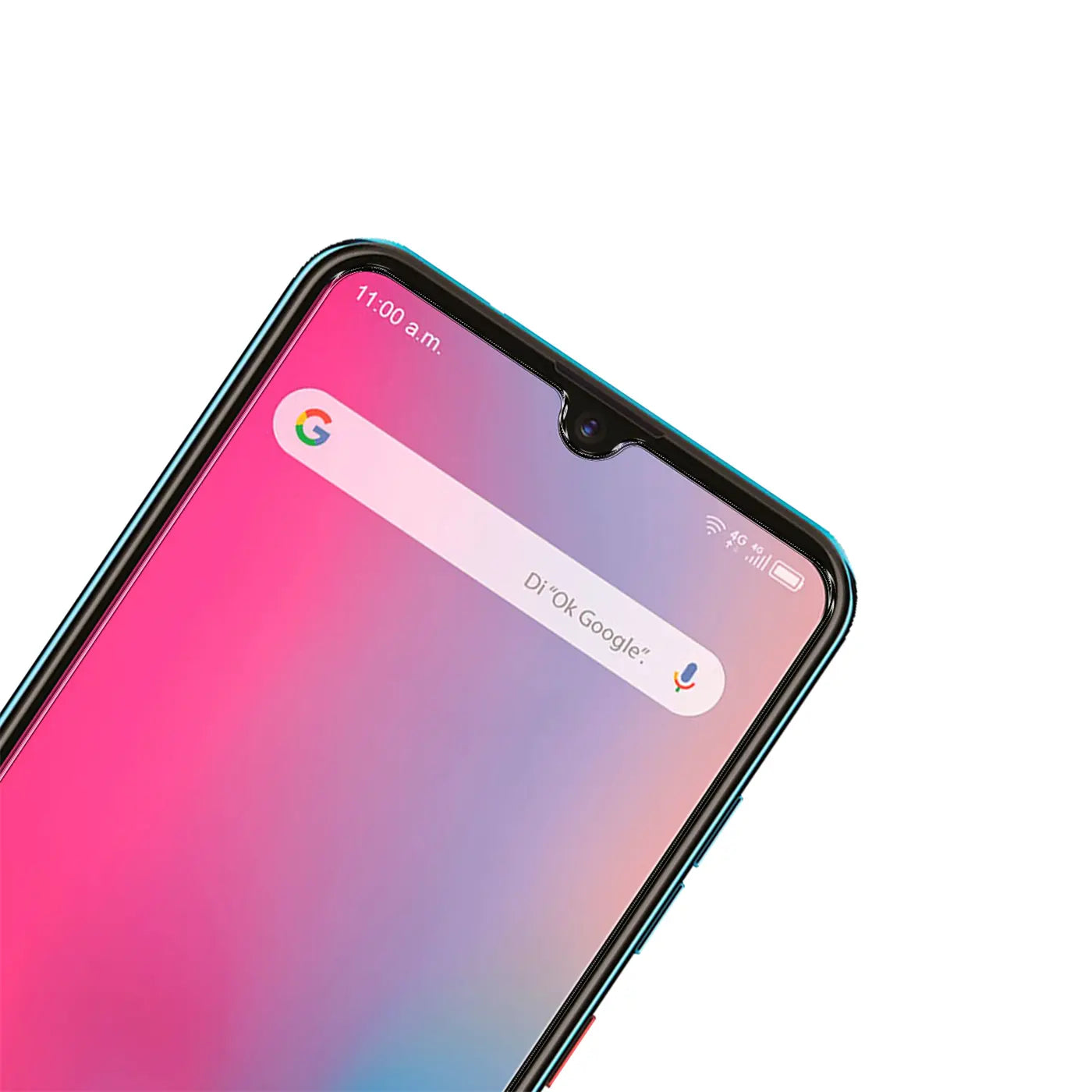Nahaufnahme des oberen Bereichs eines schwarzen ZTE Blade 10 Vita Smartphones mit pink-blauem Display und Google-Suchleiste.