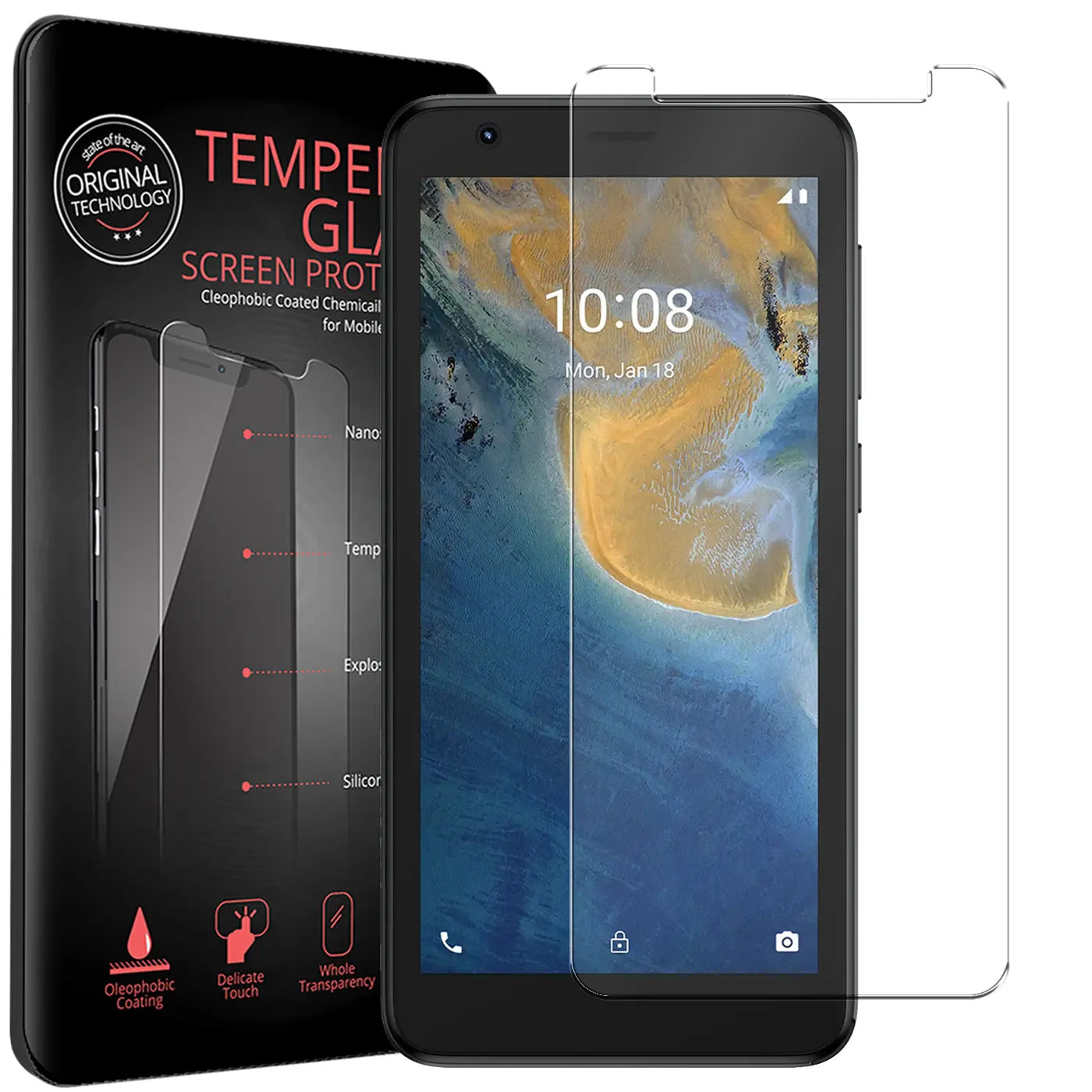 Zwei transparente Panzerglas-Displayschutzfolien für ZTE Blade A31 Lite, eine auf dem schwarzen Smartphone, eine daneben.