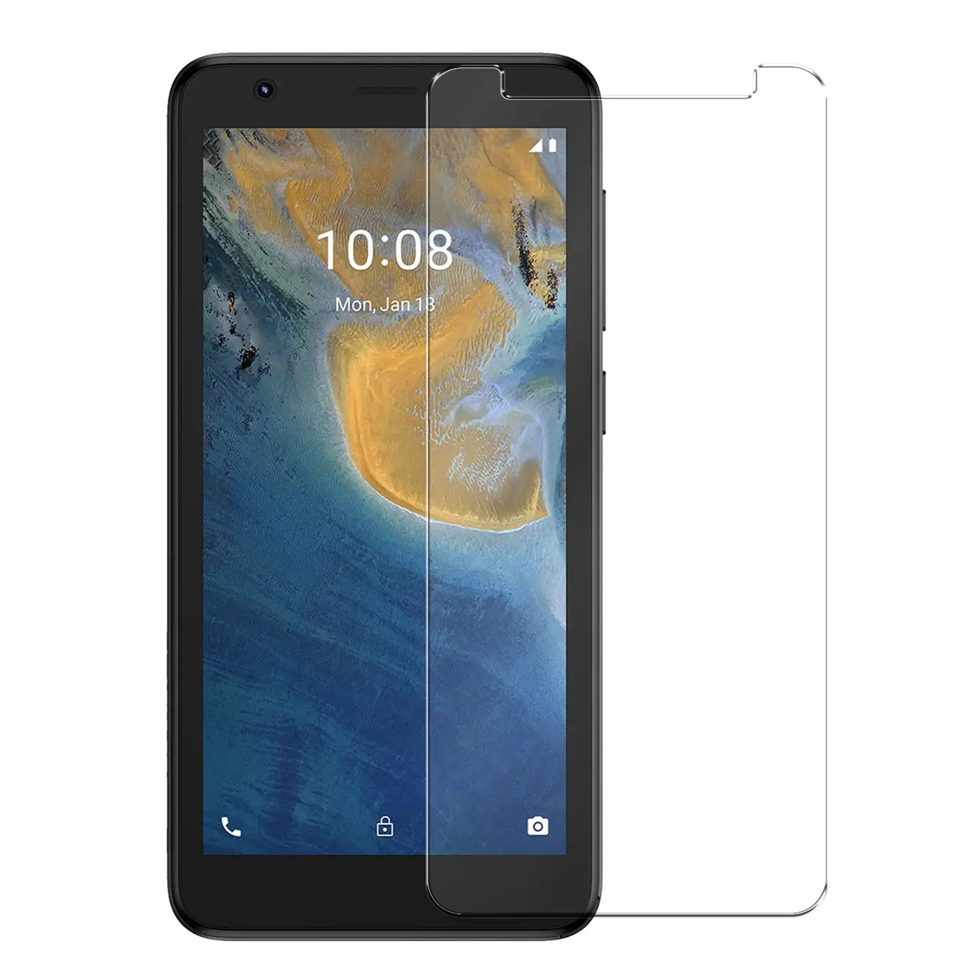 Schwarzes ZTE Blade A31 Lite Handy mit teilweisem, transparentem Panzerglas-Displayschutz von vorne.