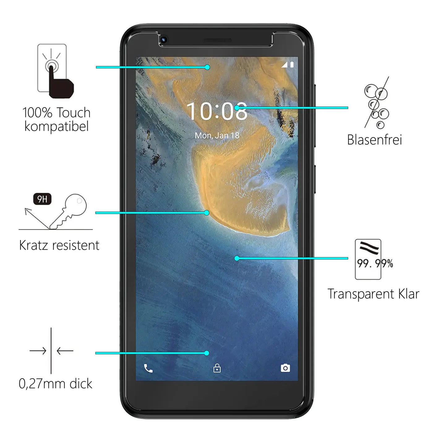 Schwarzes ZTE Blade A31 Lite Handy mit Panzerglas Displayschutz, frontal, umgeben von Icons mit Produktmerkmalen.