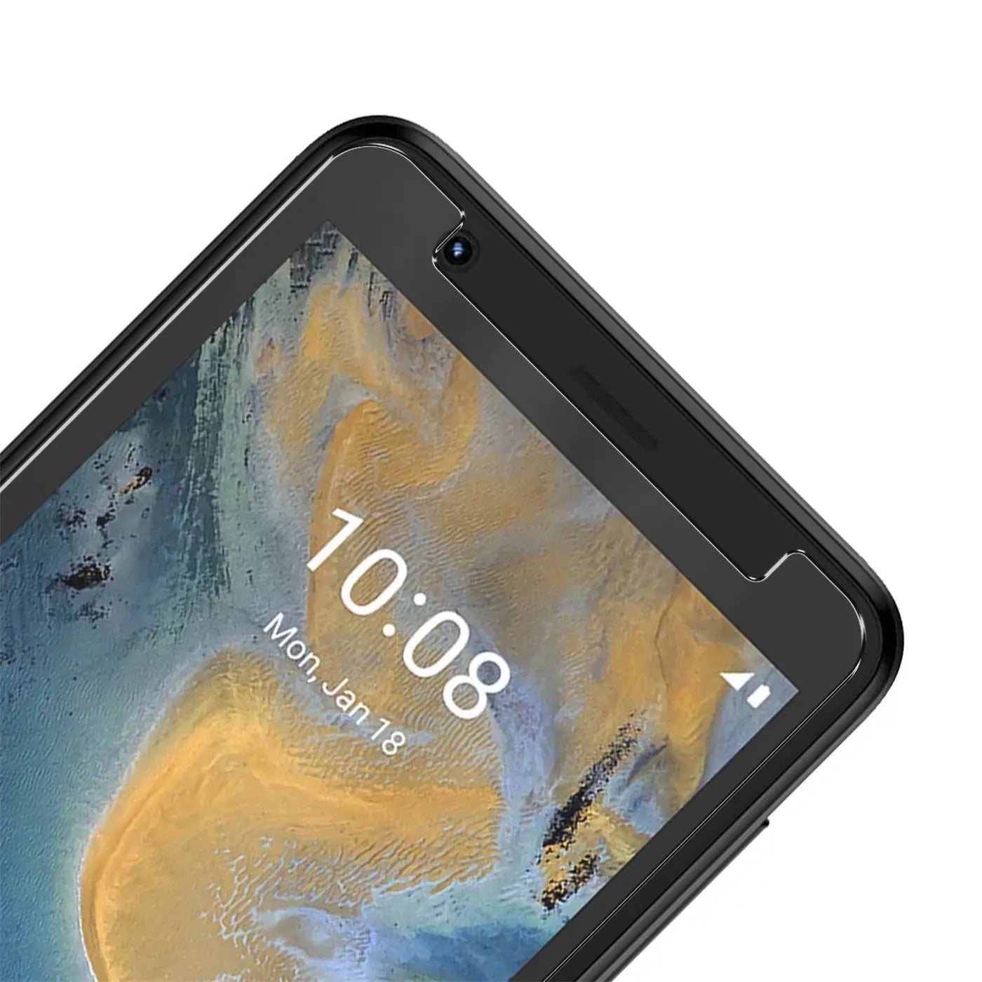 Nahaufnahme des oberen Bereichs eines schwarzen ZTE Blade A31 Lite Handys mit Displayschutz aus Glas.