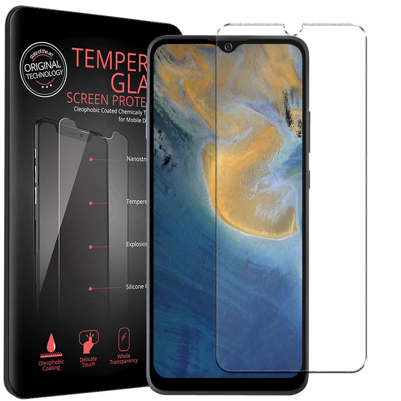 Schwarzes ZTE Blade A51 mit aufgebrachtem, transparentem Panzerglas und zweitem Panzerglas daneben, links die Verpackung.