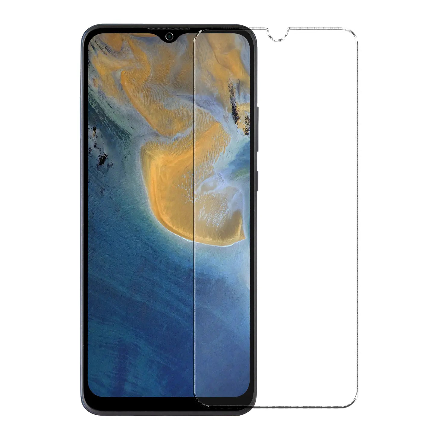 ZTE Blade A51 Handy mit aufgelegtem, transparentem Panzerglas Displayschutz und zweitem Schutzglas daneben, frontal.