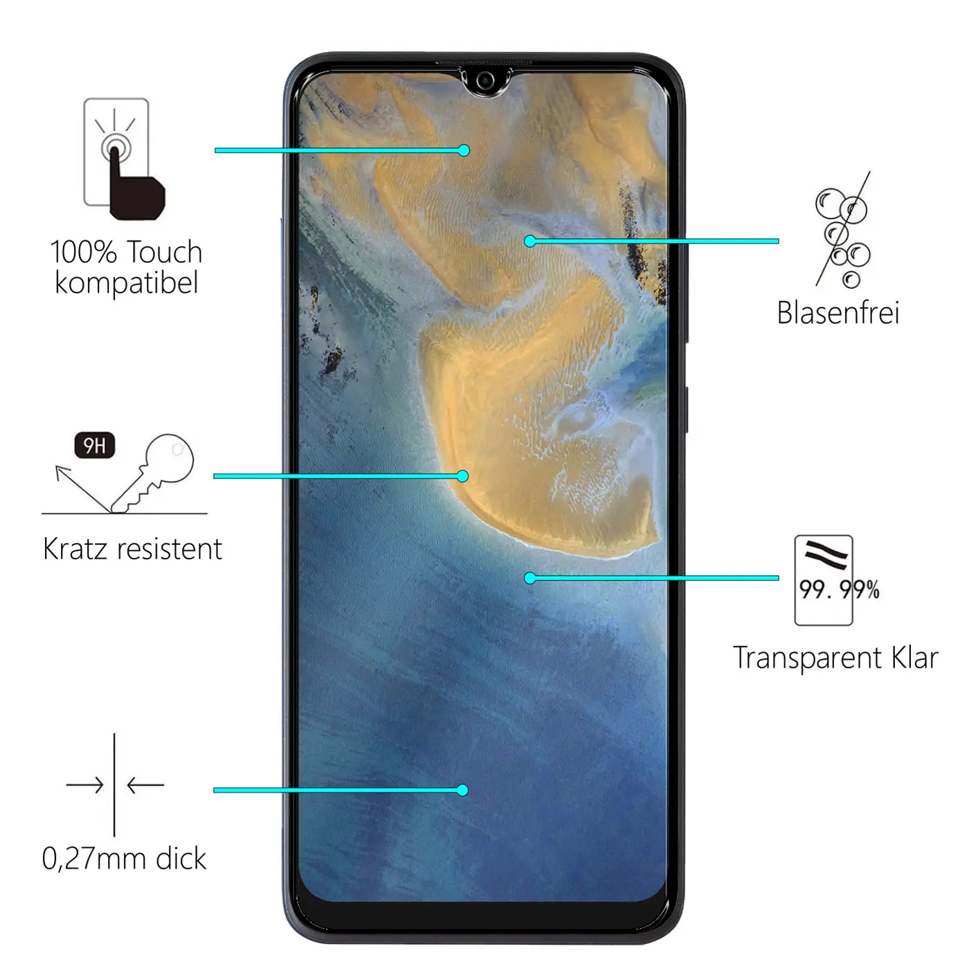 Frontansicht eines schwarzen ZTE Blade A51 Smartphones mit Panzerglas Displayschutz. Eigenschaften sind mit Text und Icons.