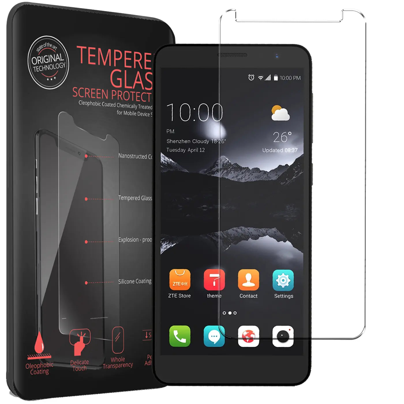 Schwarzes ZTE Blade A530 Smartphone mit Displayschutzfolie und Verpackung, schräg von vorne auf weißem Grund.