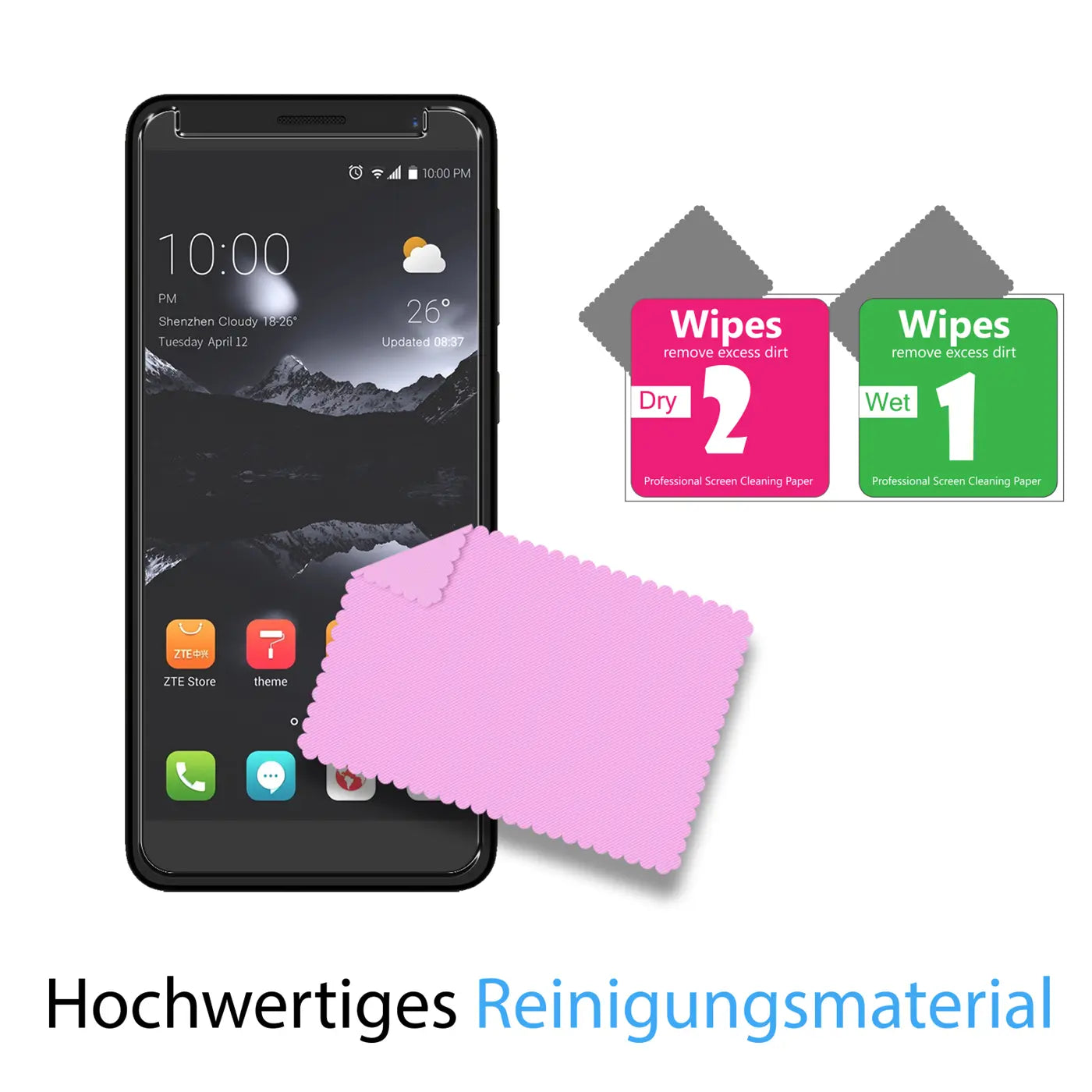 Schwarzes ZTE Blade A530 mit Panzerglas, rosa Mikrofasertuch und zwei Reinigungstüchern (Wet/Dry) von schräg oben.