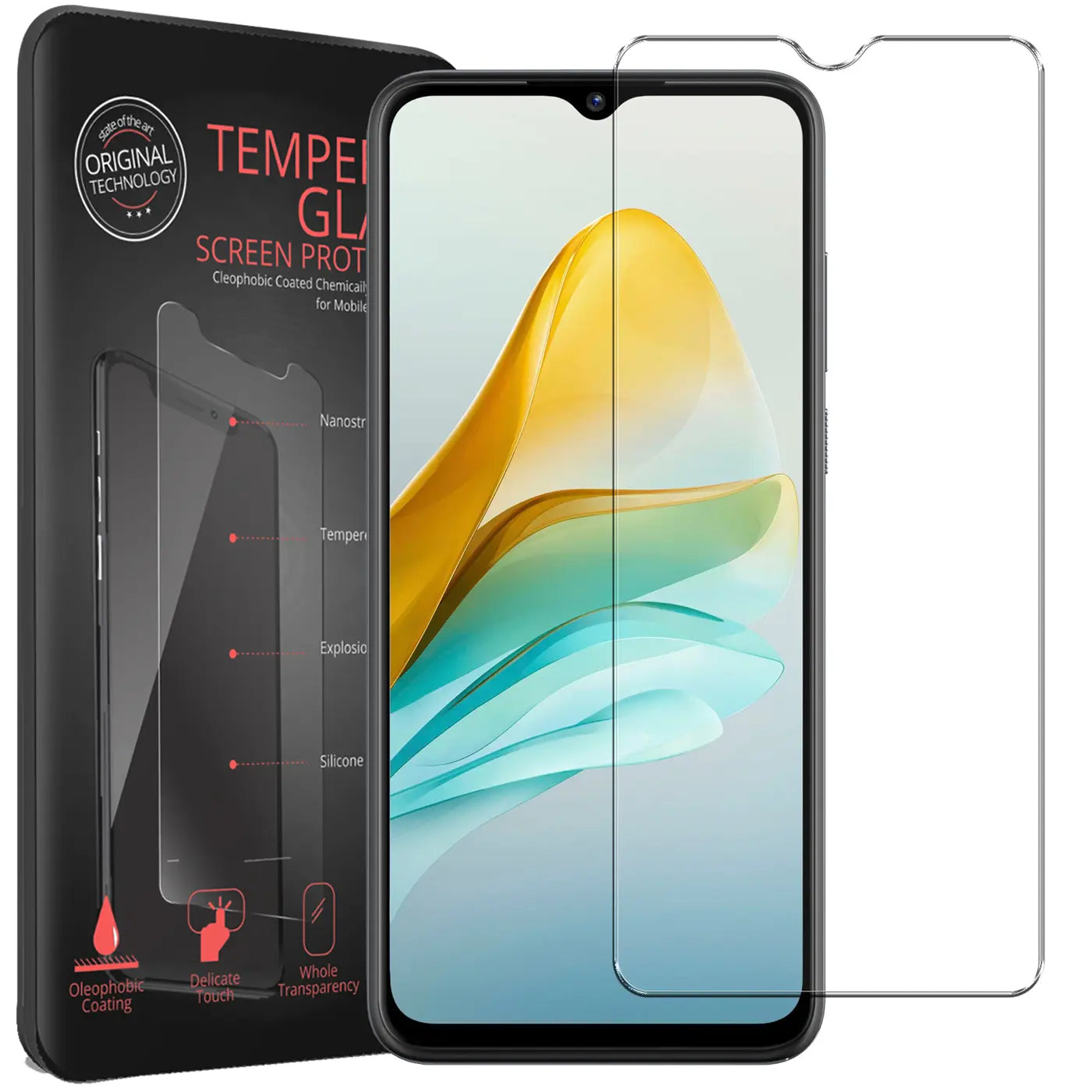 Schwarzes ZTE Blade A53 Plus Smartphone mit angebrachtem Panzerglas und einem weiteren Panzerglas daneben, schräg von vorne.