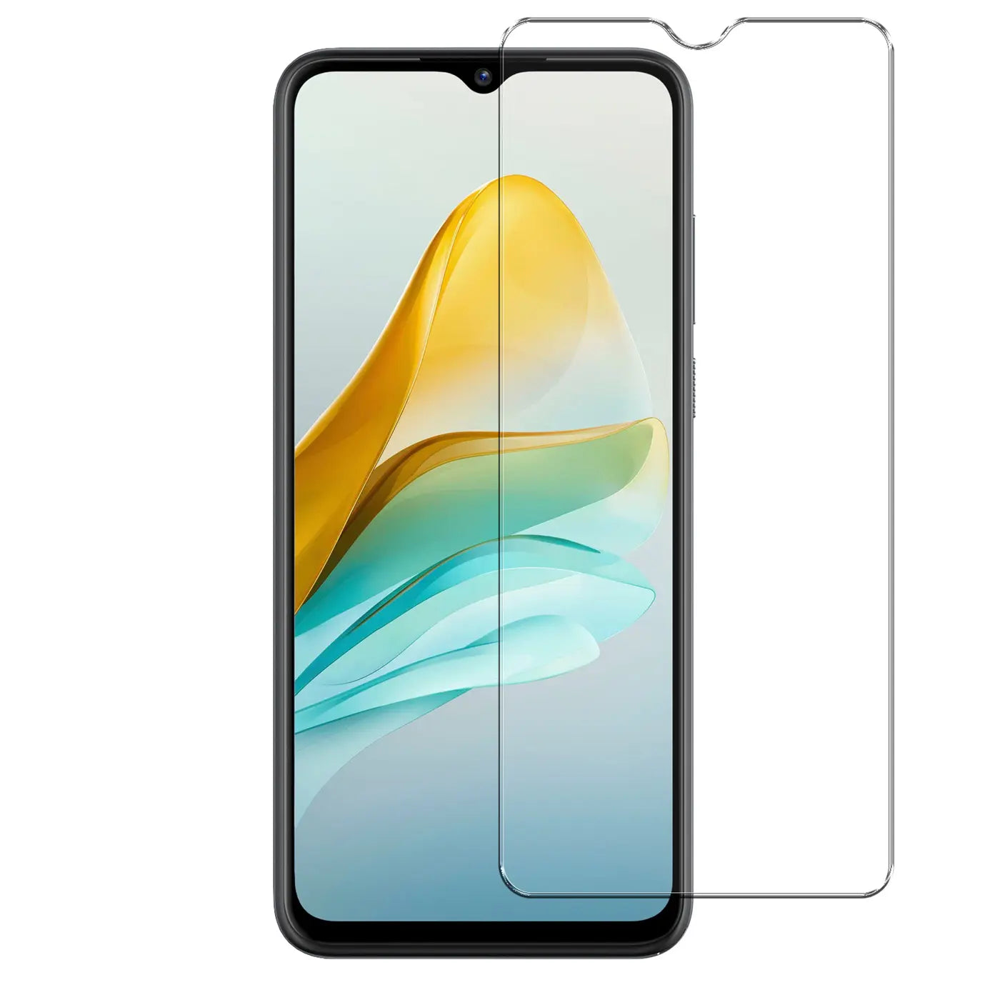 Schwarzes ZTE Blade A53 Plus Smartphone mit Display-Hintergrundbild, daneben ein transparentes Panzerglas von vorne.
