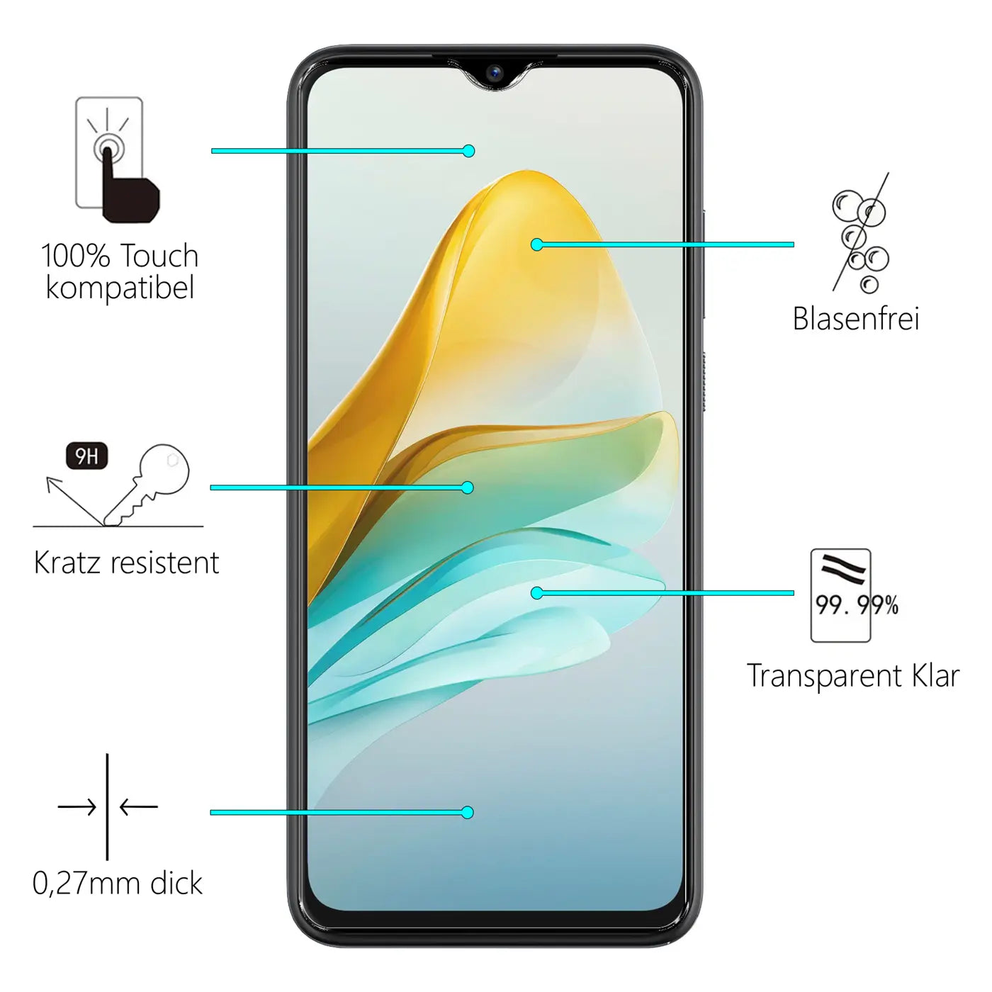 Schwarzes ZTE Blade A53 Plus Handy frontal mit Display-Schutzfolie aus Glas und blauen Hinweispfeilen auf weißem Hintergrund.