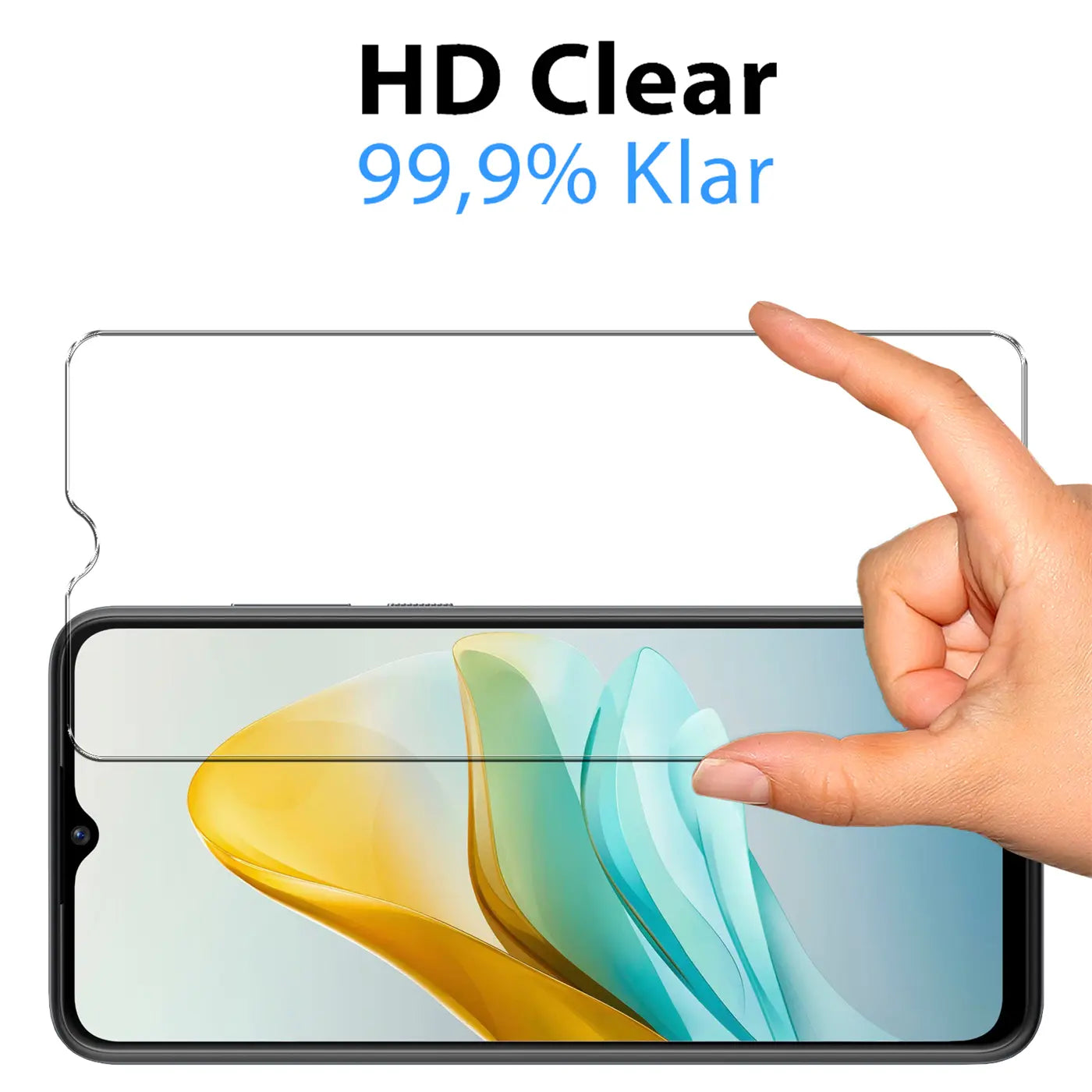 Handy ZTE Blade A53 Plus mit schwarzem Rahmen, darauf ein transparentes Panzerglas, das von einer Hand gehalten wird.