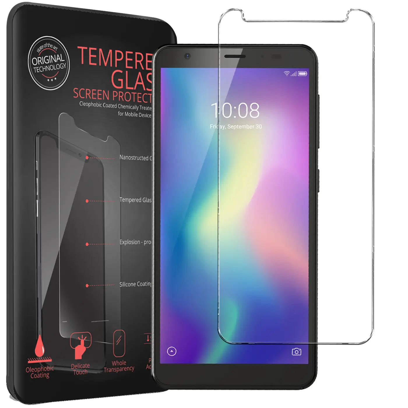 Schwarzes ZTE Blade A5 2019 Smartphone mit farbigem Display, daneben eine transparente Panzerglasfolie und schwarze.