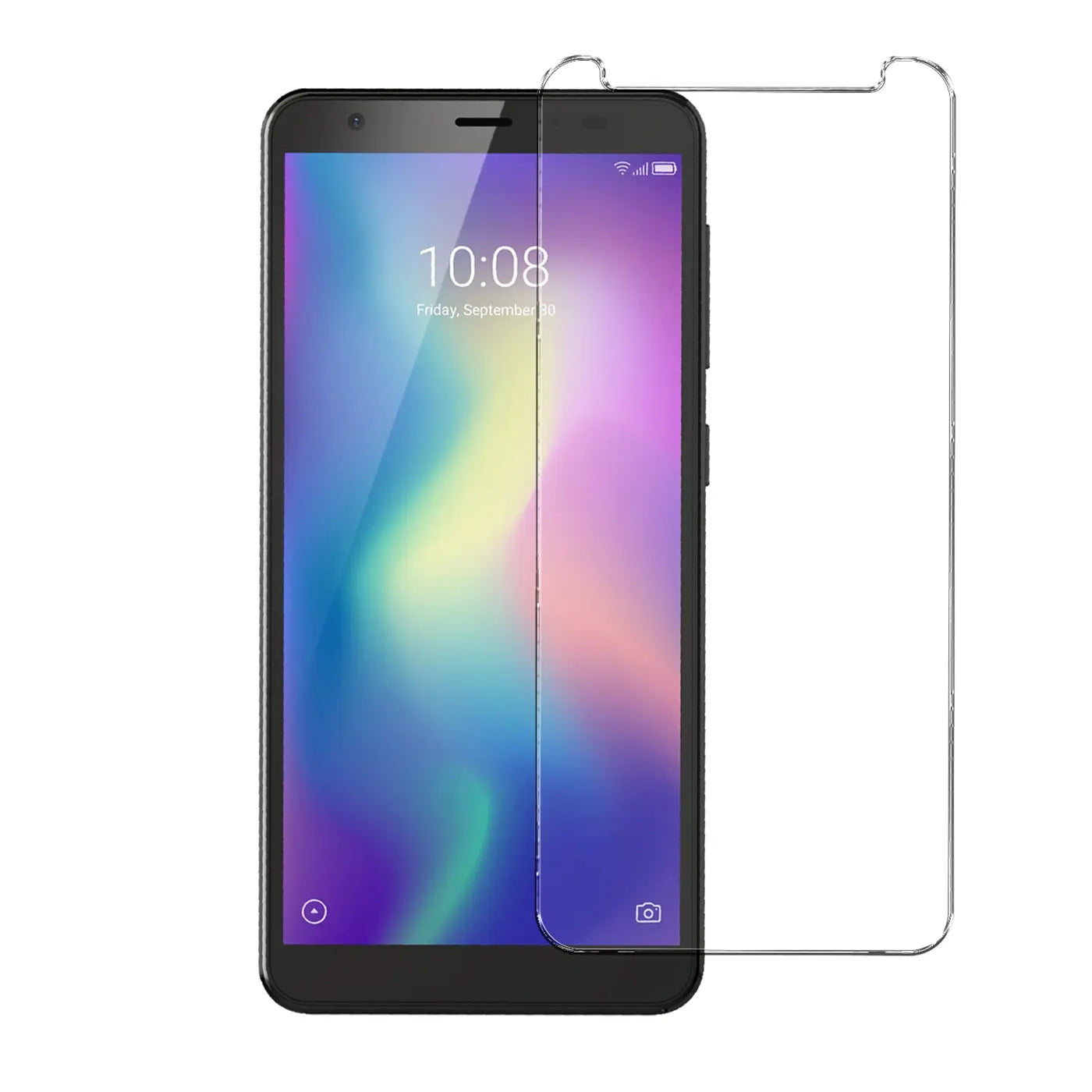 Schwarzes ZTE Blade A5 2019 Handy mit halb aufgelegtem, transparentem Panzerglas-Displayschutz von vorne.