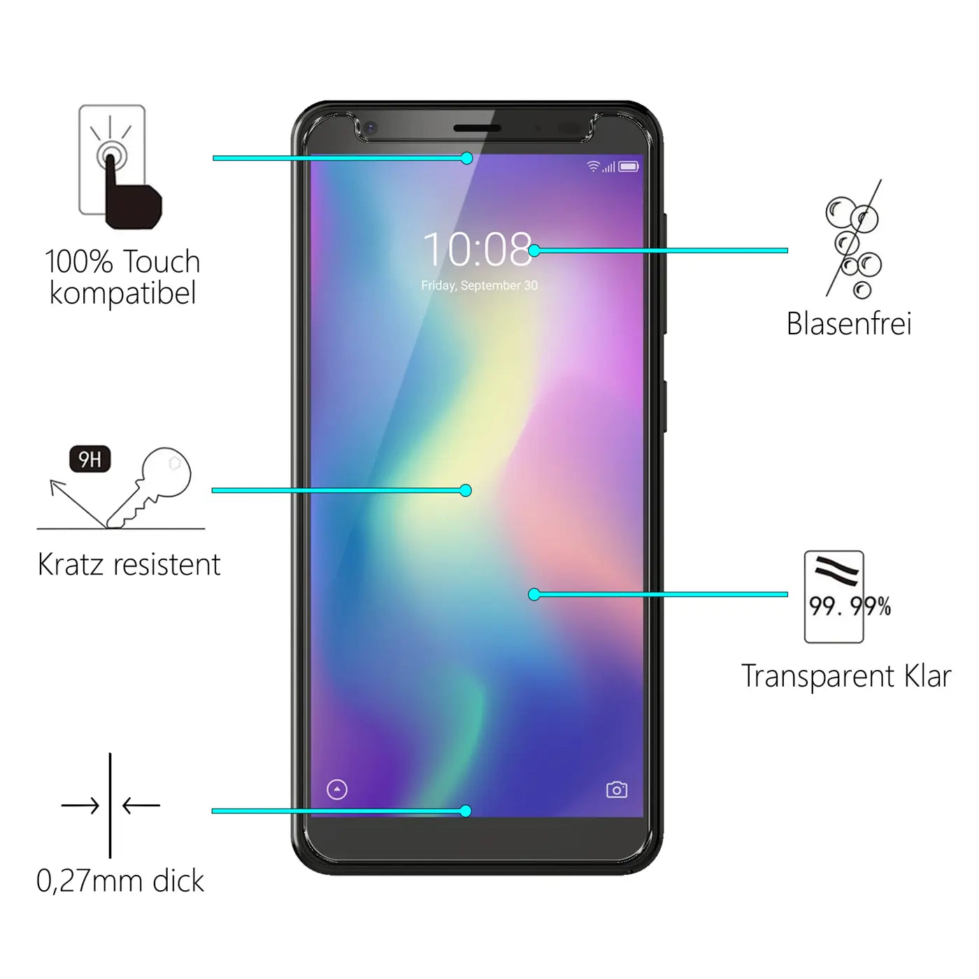 Schwarzes ZTE Blade A5 2019 Smartphone mit transparentem Panzerglas Displayschutz, frontal, mit Infografik-Texten.