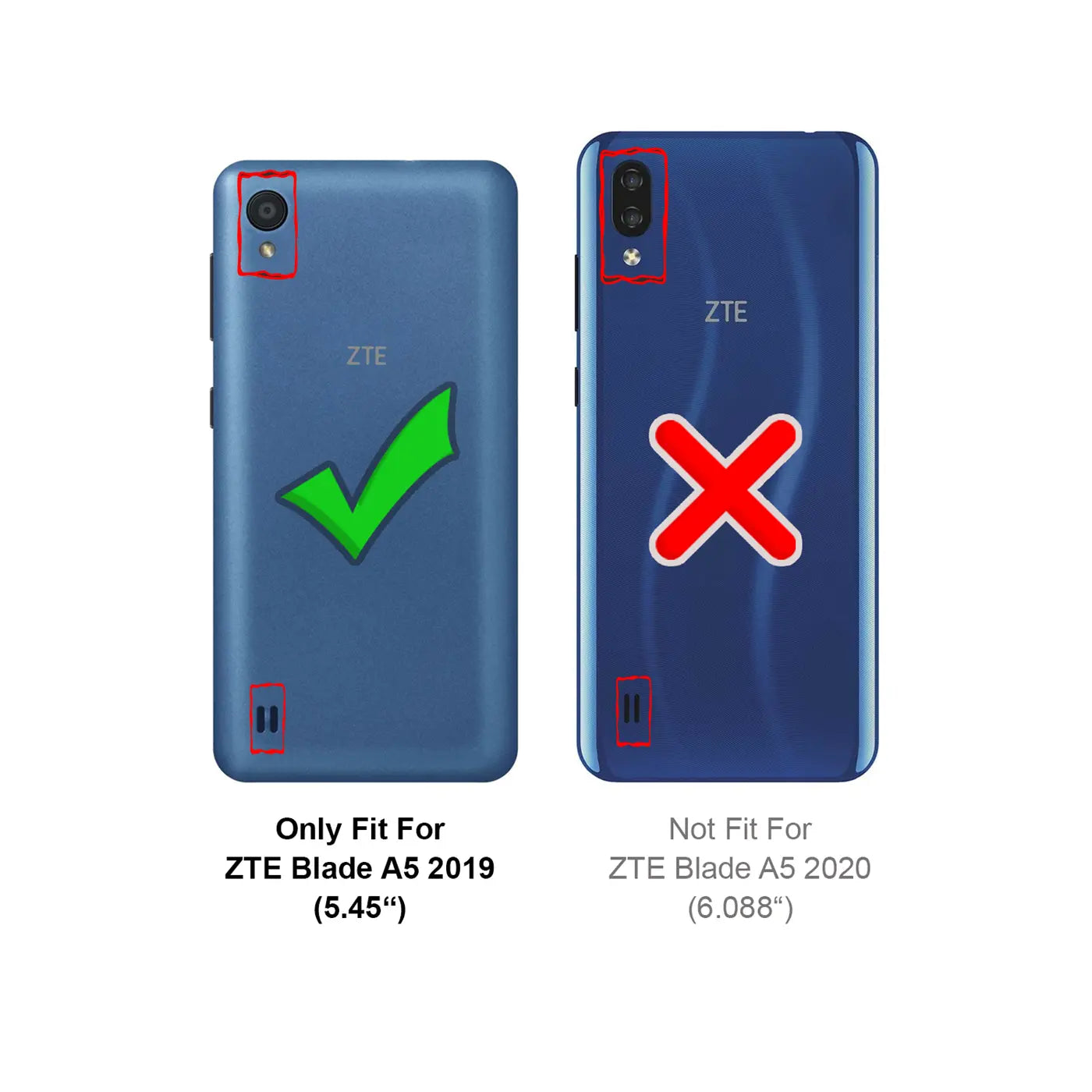 Rückseite von zwei blauen ZTE Blade Smartphones, links A5 2019 mit Haken, rechts A5 2020 mit X.