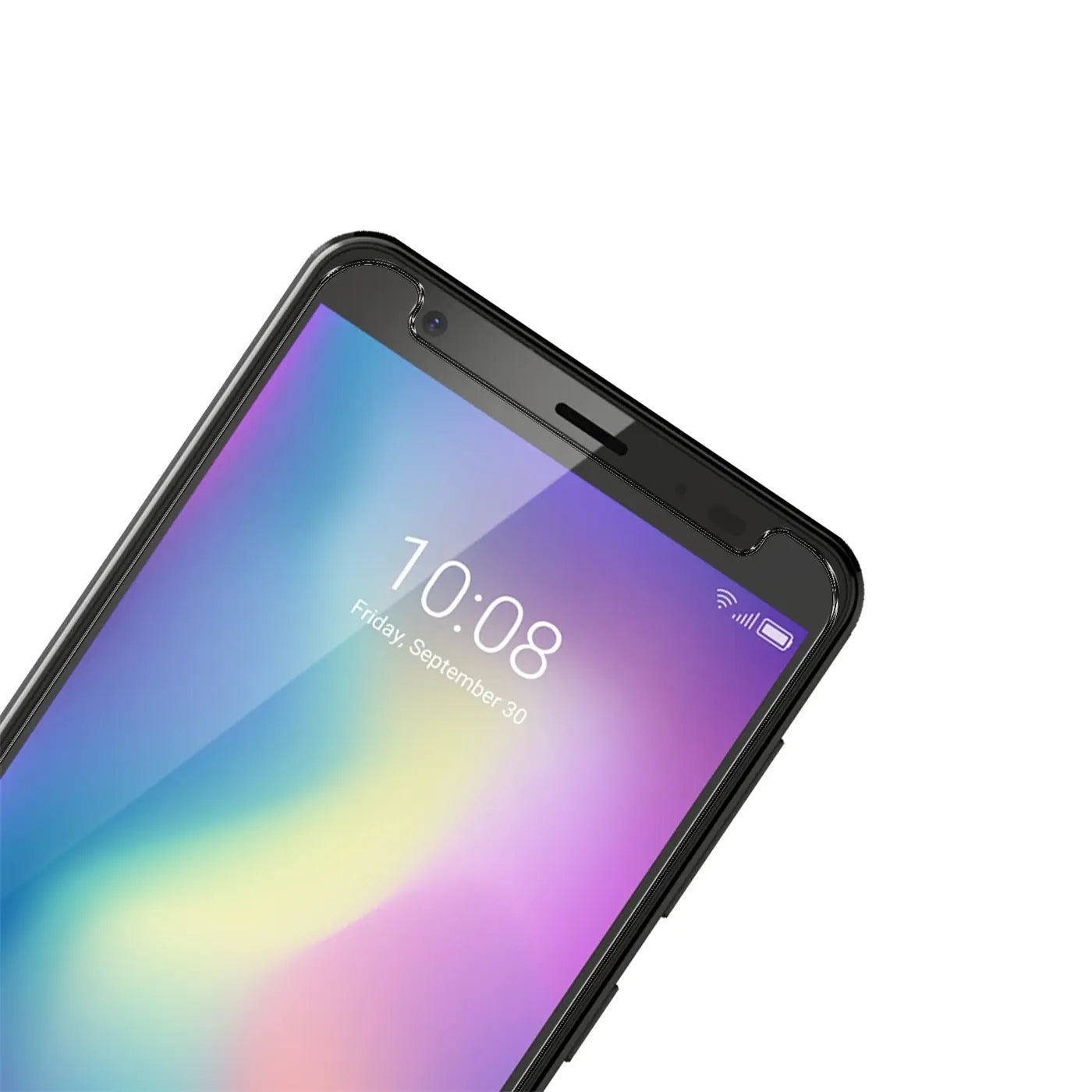 Nahaufnahme des oberen Bereichs eines schwarzen ZTE Blade A5 2019 Smartphones mit glänzendem Panzerglas-Displayschutz.