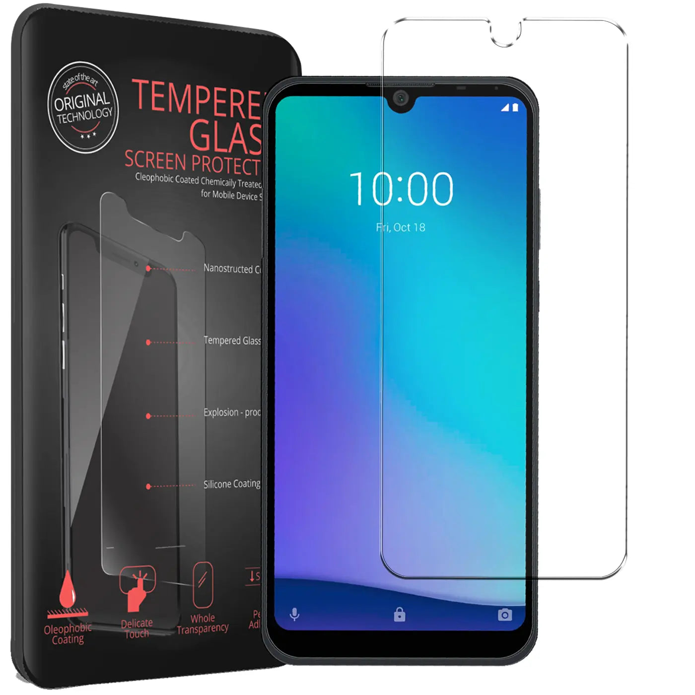 Schwarzes ZTE Blade A5 2020 Smartphone mit Display und Verpackung, daneben ein klarer Panzerglas-Displayschutz.