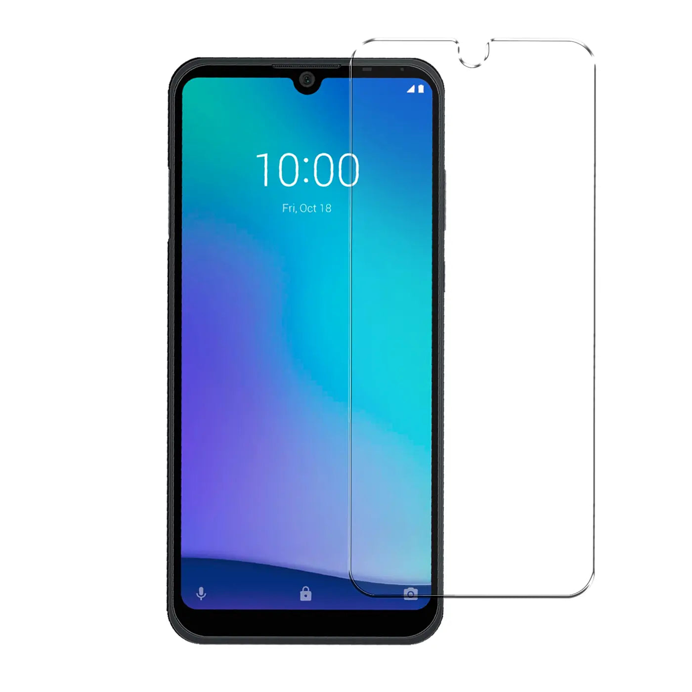 Schwarzes ZTE Blade A5 2020 Smartphone mit blauem Display, daneben ein transparentes Panzerglas von vorne.