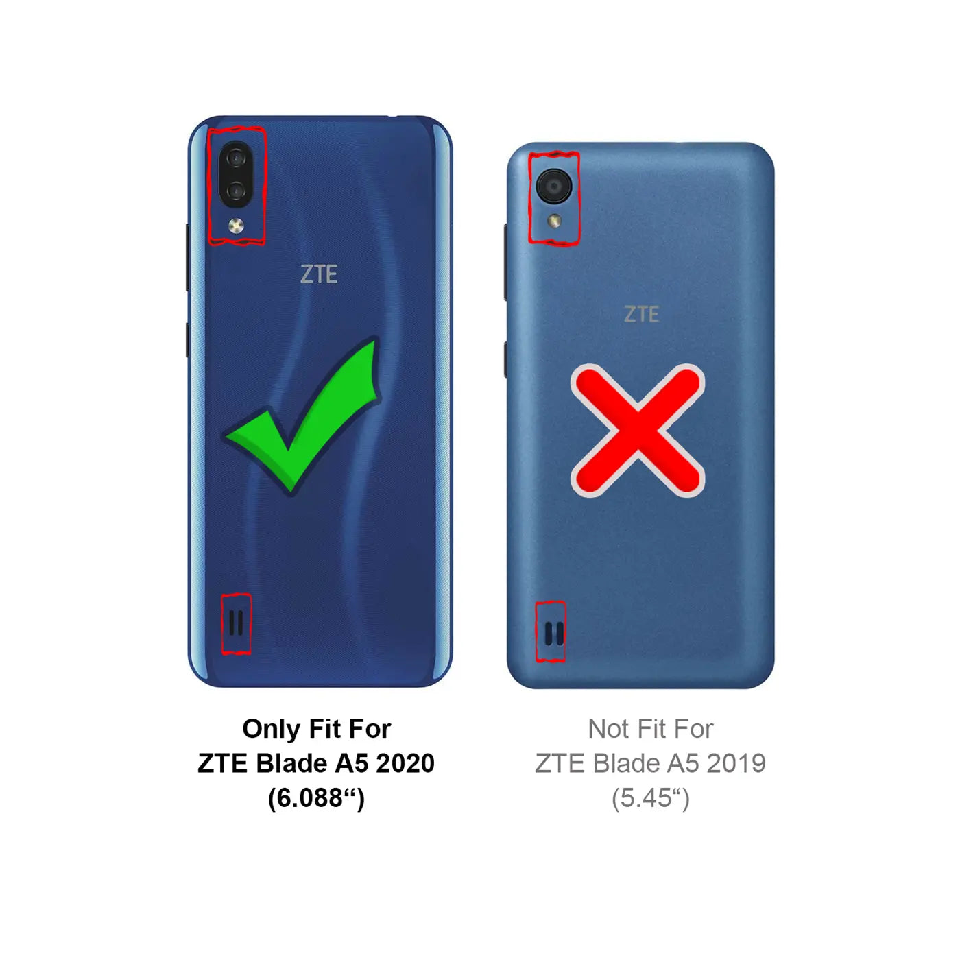 Rückseite von zwei blauen ZTE Blade Smartphones, links A5 2020 mit Haken, rechts A5 2019 mit X.