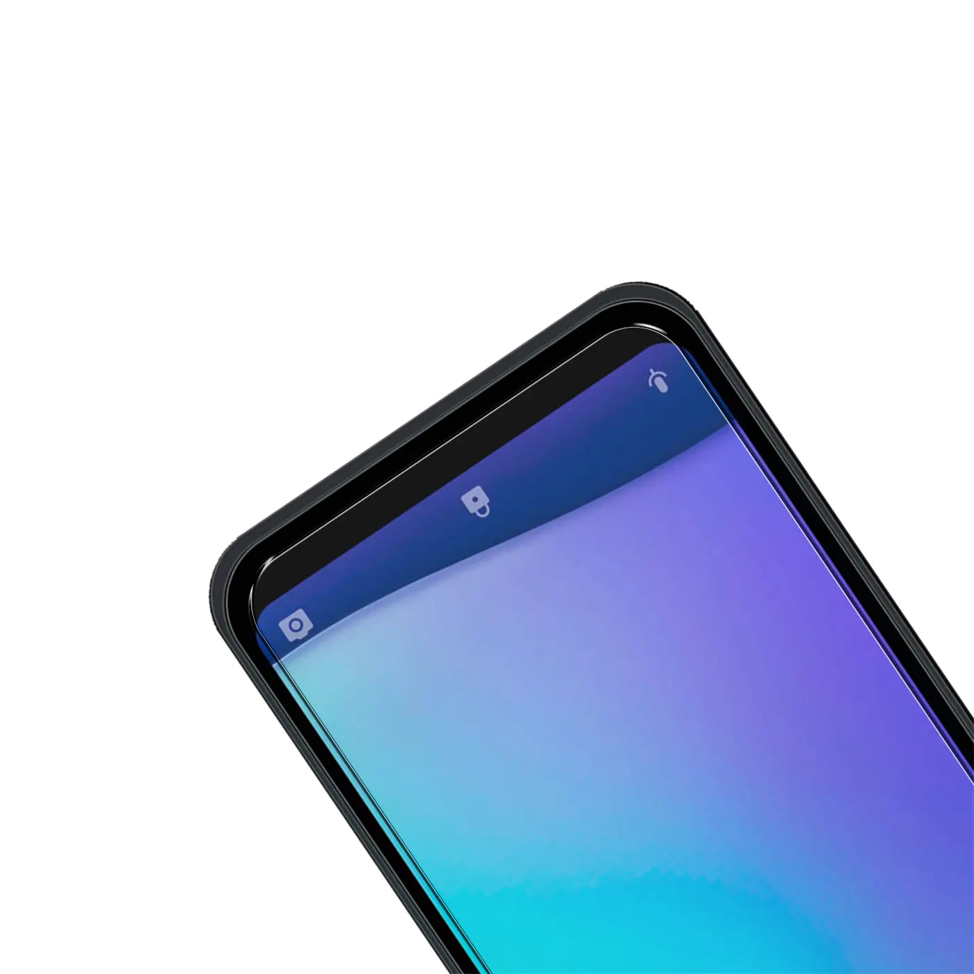 Obere rechte Ecke eines schwarzen ZTE Blade A5 2020 Smartphones mit blau-violettem Display und Panzerglas.