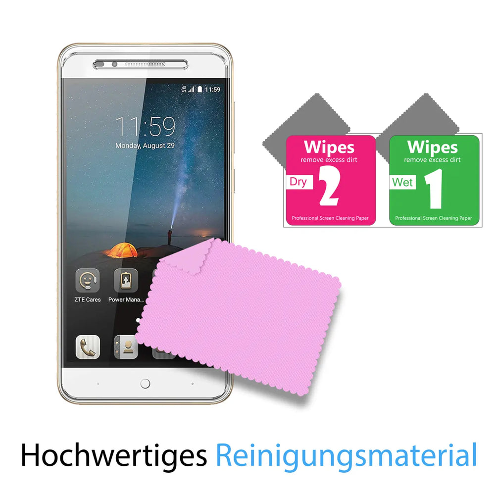 ZTE Blade A612 Smartphone mit rosa Mikrofasertuch, zwei Reinigungstüchern (nass/trocken) von vorne.