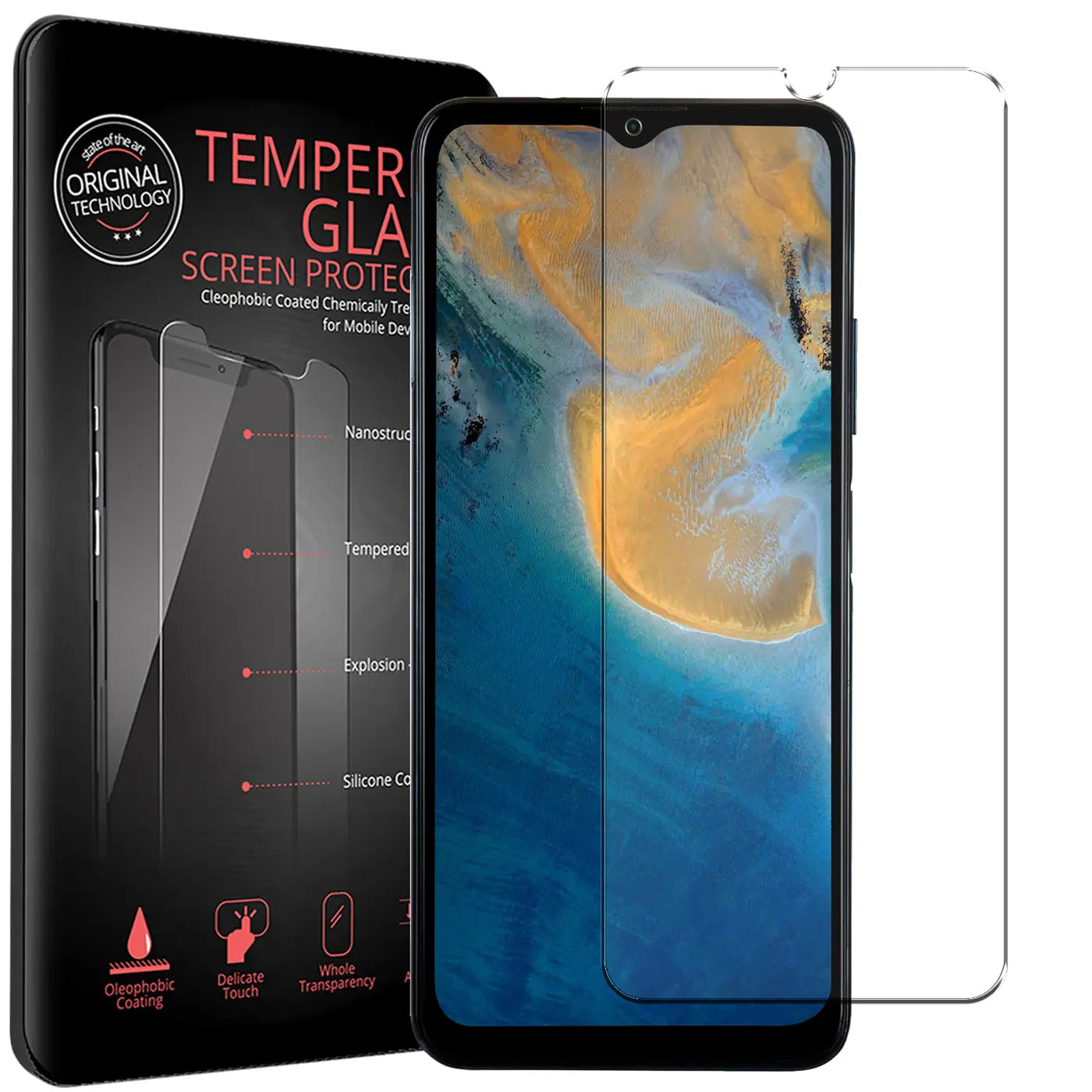 Verpackung für Panzerglas-Displayschutzfolie, ein Realme 6s mit Folie und eine weitere Folie, schräg von vorne.