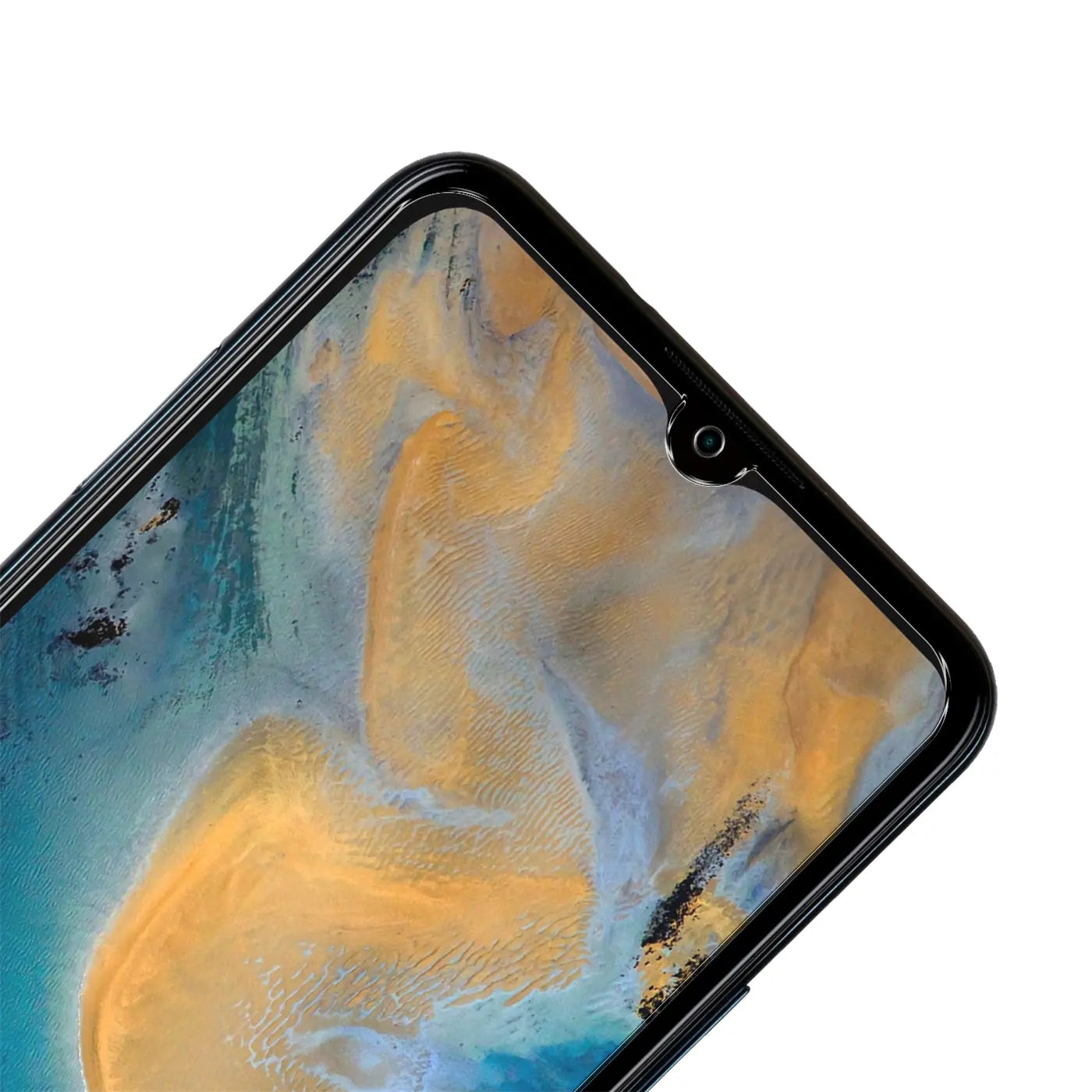Nahaufnahme des oberen Bereichs eines Realme 6s Smartphones mit schwarzem Rahmen und installiertem, transparentem Panzerglas.