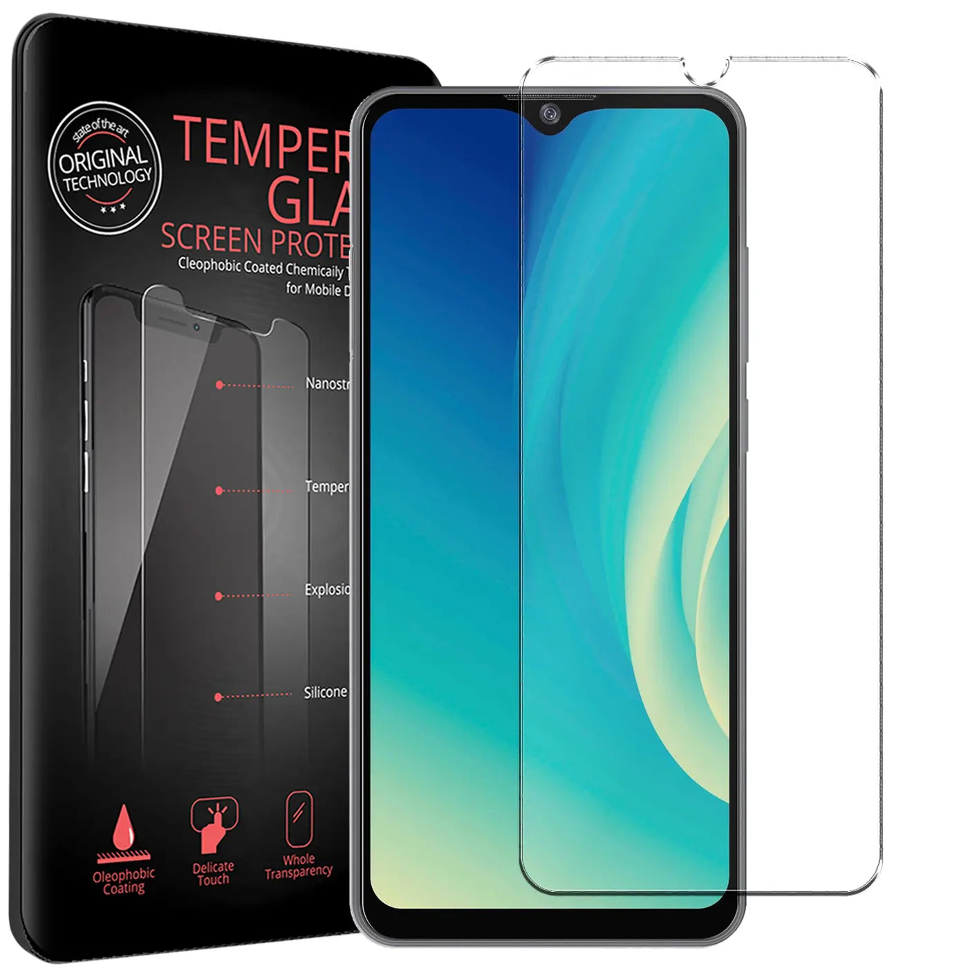 Schwarze Verpackung, ZTE Blade A7S 2020 mit angebrachtem und einem separaten, transparenten Panzerglas von vorne.