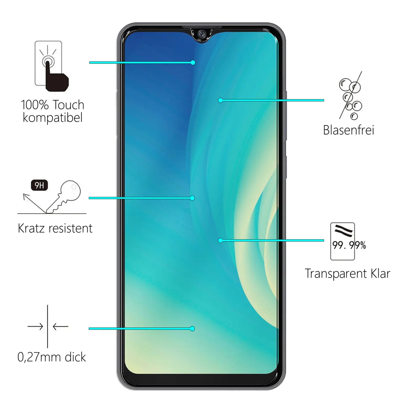 Schwarzes ZTE Blade A7S 2020 Handy mit Panzerglas Displayschutz, frontal, umgeben von Produktmerkmal-Icons.