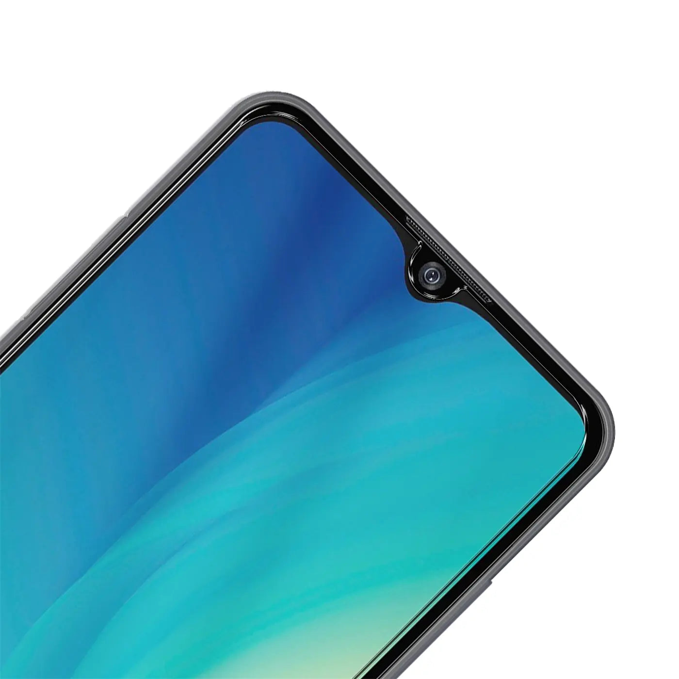 Nahaufnahme des oberen rechten Bereichs eines ZTE Blade A7S 2020 mit Panzerglas-Displayschutz, schräg von oben.