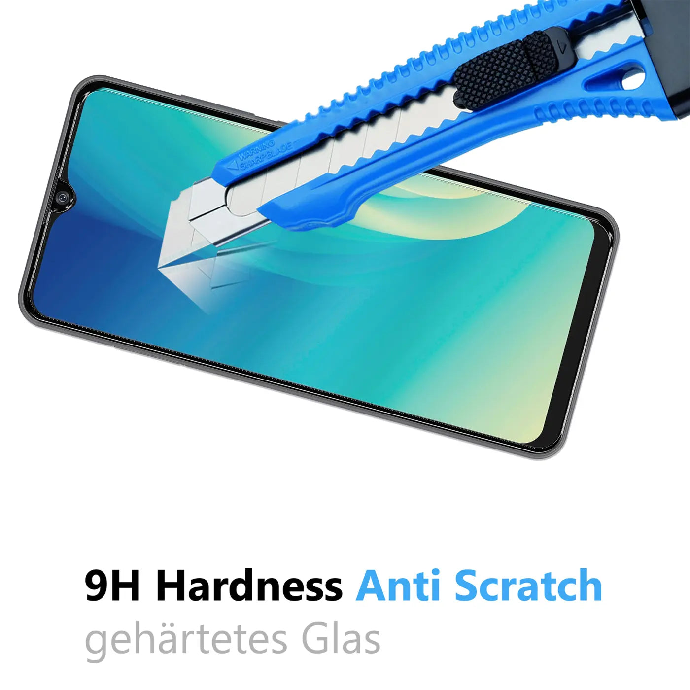 Blaues Cuttermesser auf einem ZTE Blade A7S 2020 Smartphone-Display, das von oben links nach unten rechts zeigt.