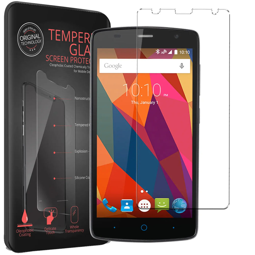 Schwarzes ZTE Blade L5 Smartphone mit bunter Anzeige, daneben eine transparente Panzerglas-Folie und eine schwarze.