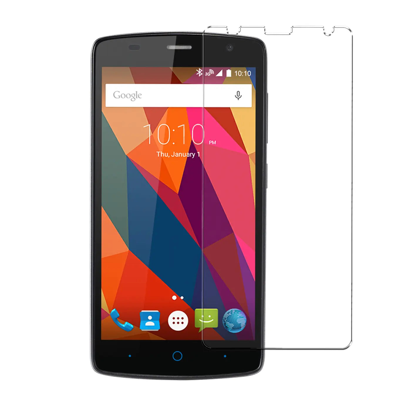 Zwei transparente Panzerglas Displayschutzfolien für ZTE Blade L5, eine auf dem Handy, eine daneben.