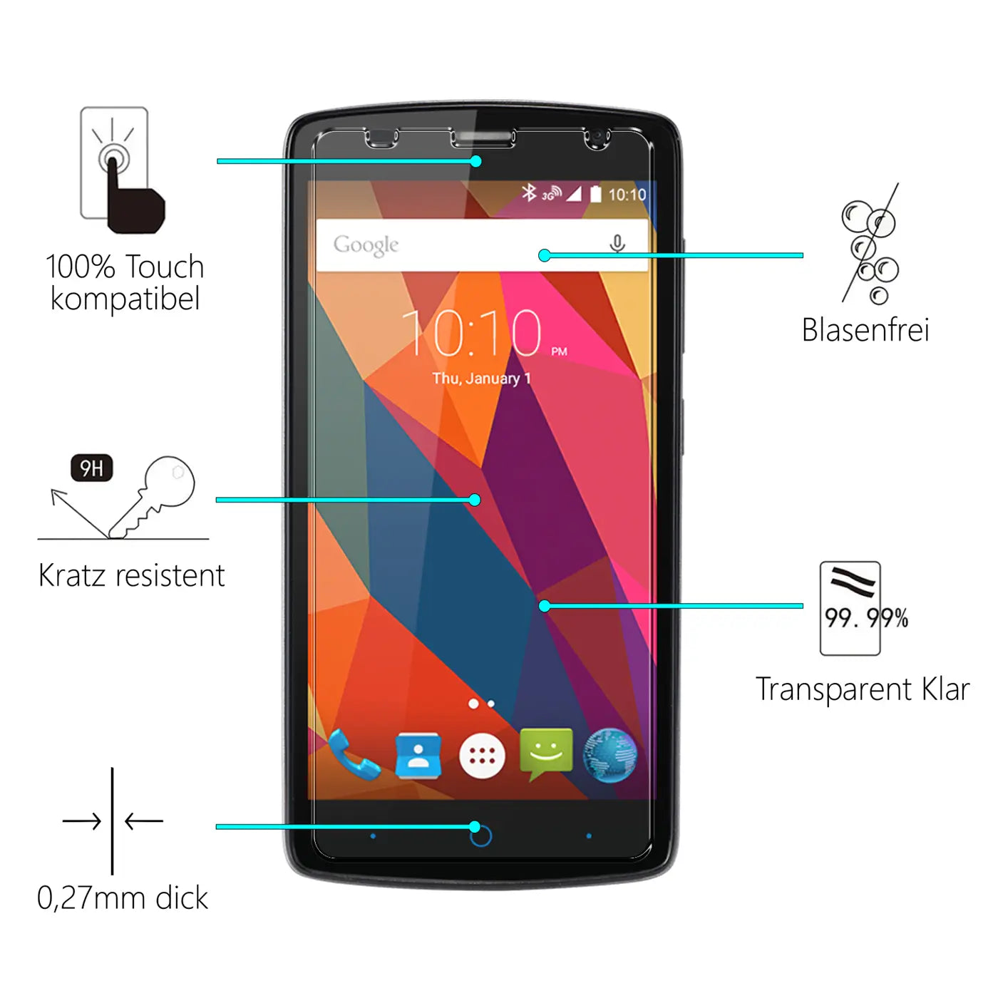 Schwarzes ZTE Blade L5 Handy mit transparentem Panzerglas-Displayschutz aus Glas, frontal, mit Infografiken.
