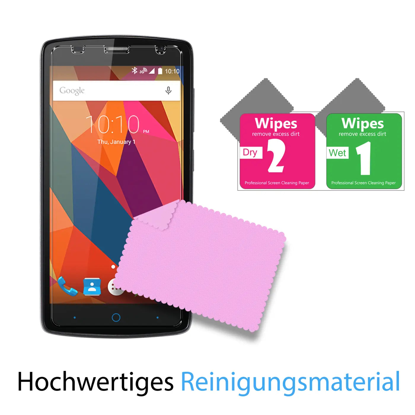 Schwarzes ZTE Blade L5 Handy mit aufgelegtem Panzerglas, rosa Mikrofasertuch und zwei Reinigungstüchern (Wet/Dry).