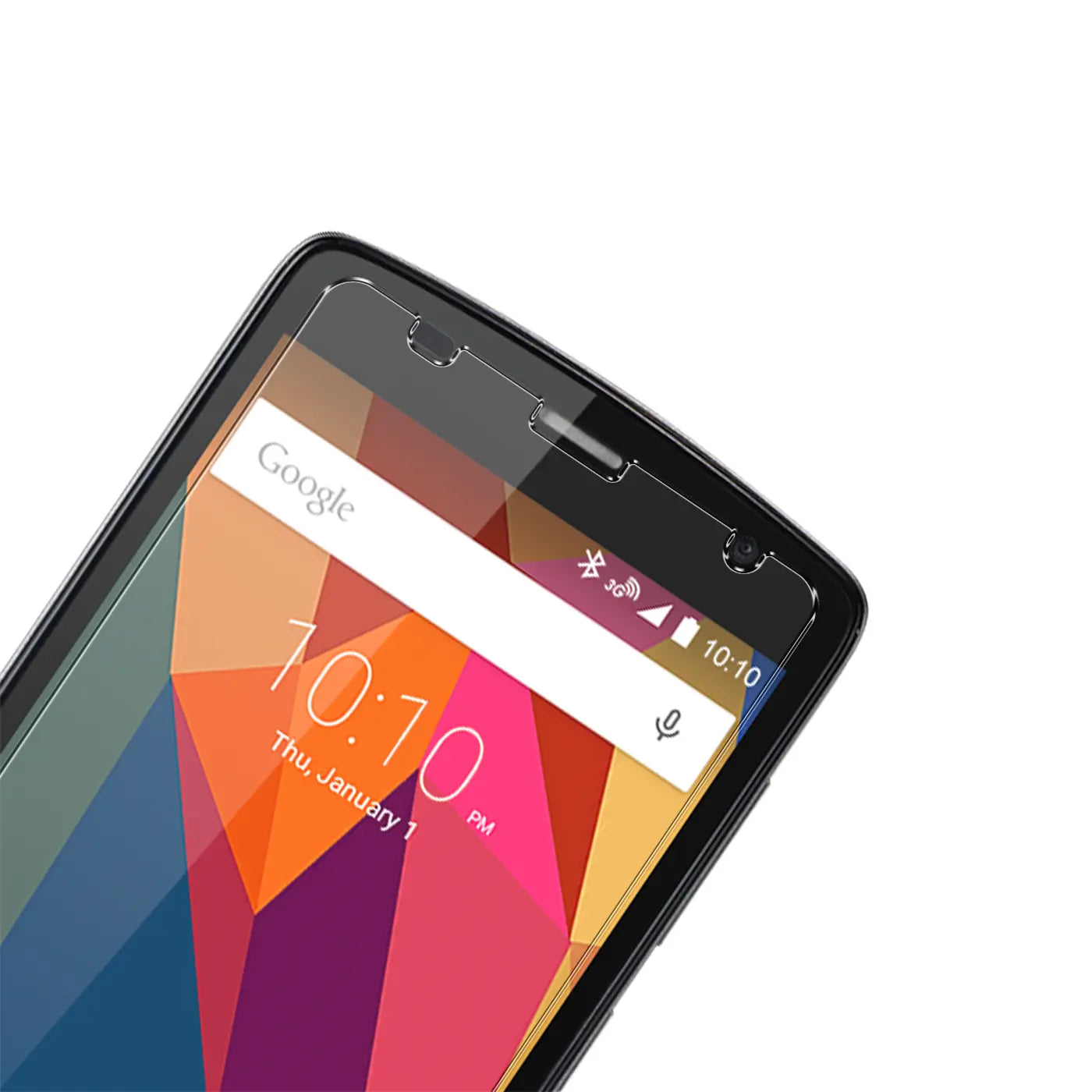 Schrägansicht des oberen Teils eines schwarzen ZTE Blade L5 Smartphones mit transparentem Panzerglas-Displayschutz.