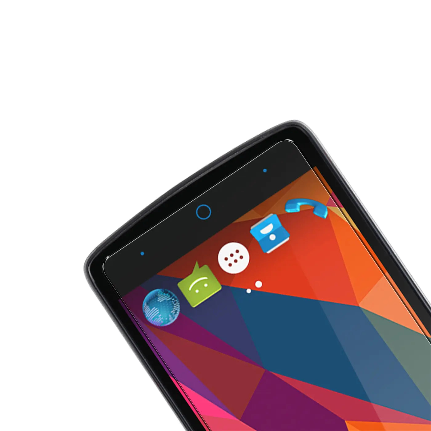 Nahaufnahme eines schwarzen ZTE Blade L5 Smartphones mit Panzerglas-Displayschutz, schräg von oben rechts.