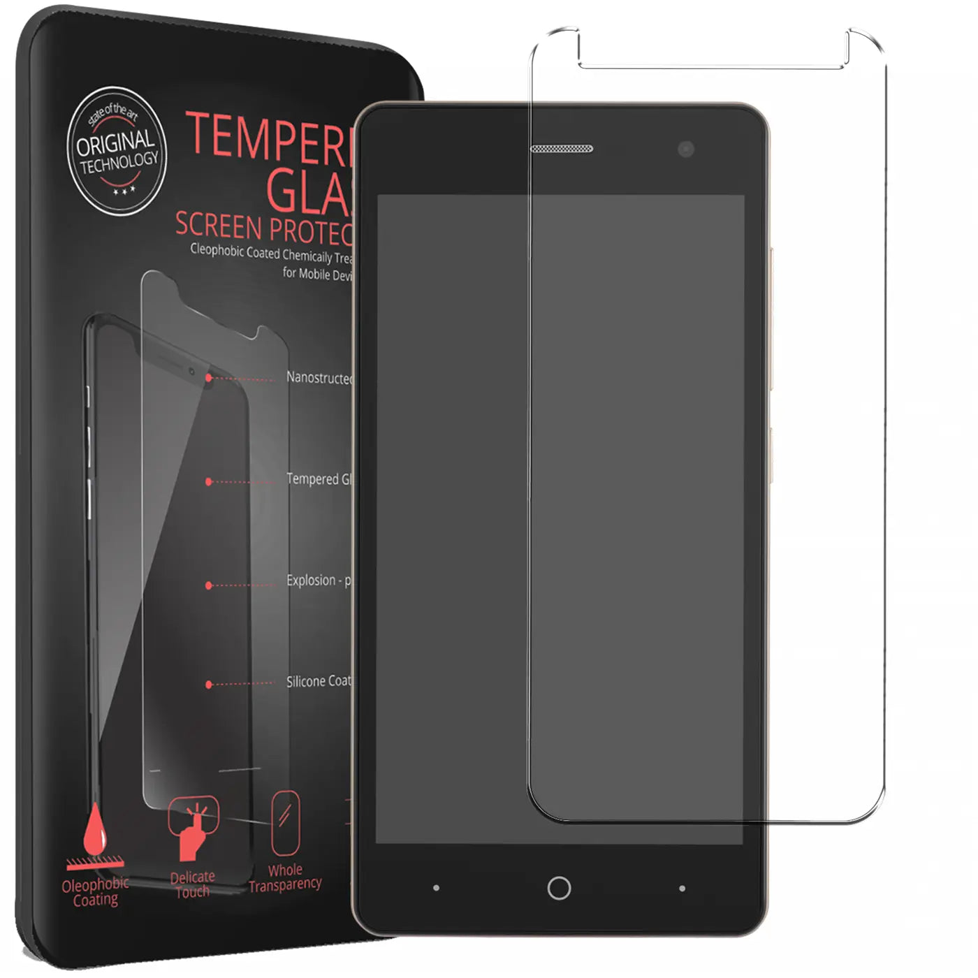 Schwarzes ZTE Blade L7 Smartphone mit transparentem Panzerglas-Displayschutz und schwarzer Verpackung, schräg von vorne.