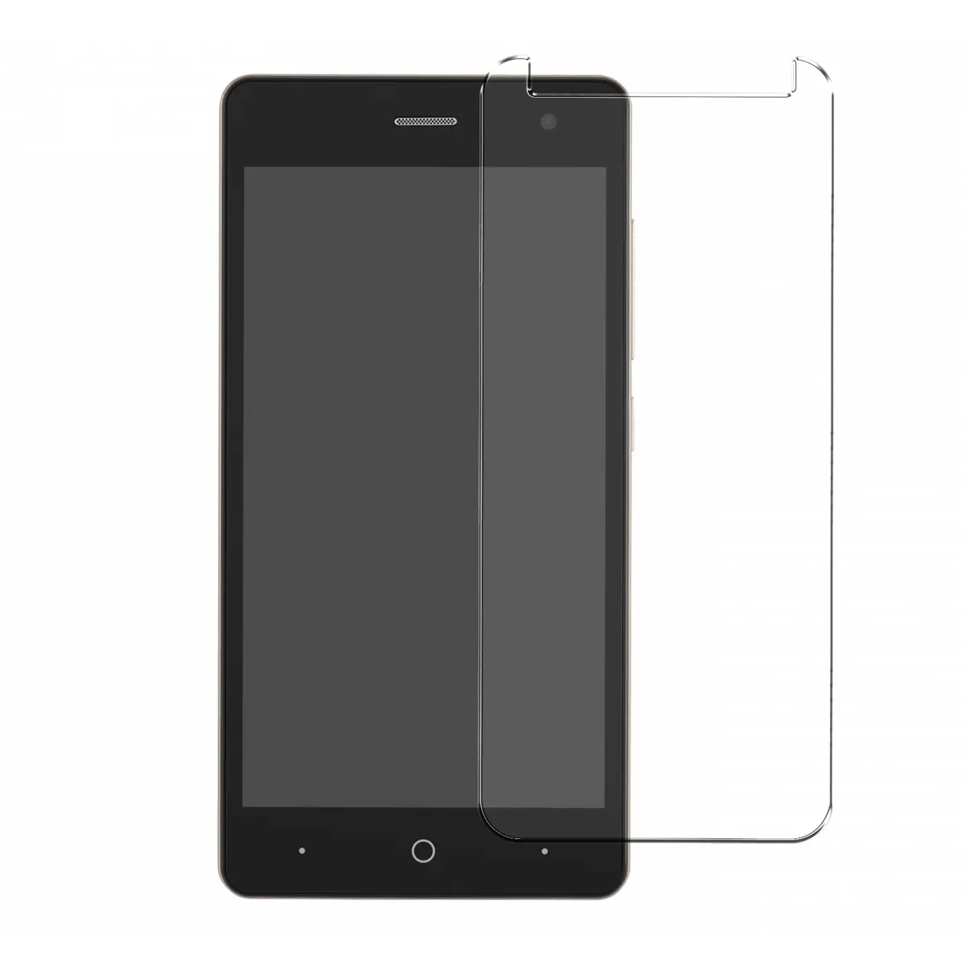 Schwarzes ZTE Blade L7 Smartphone mit einem transparenten Panzerglas Displayschutz, von vorne, leicht schräg.