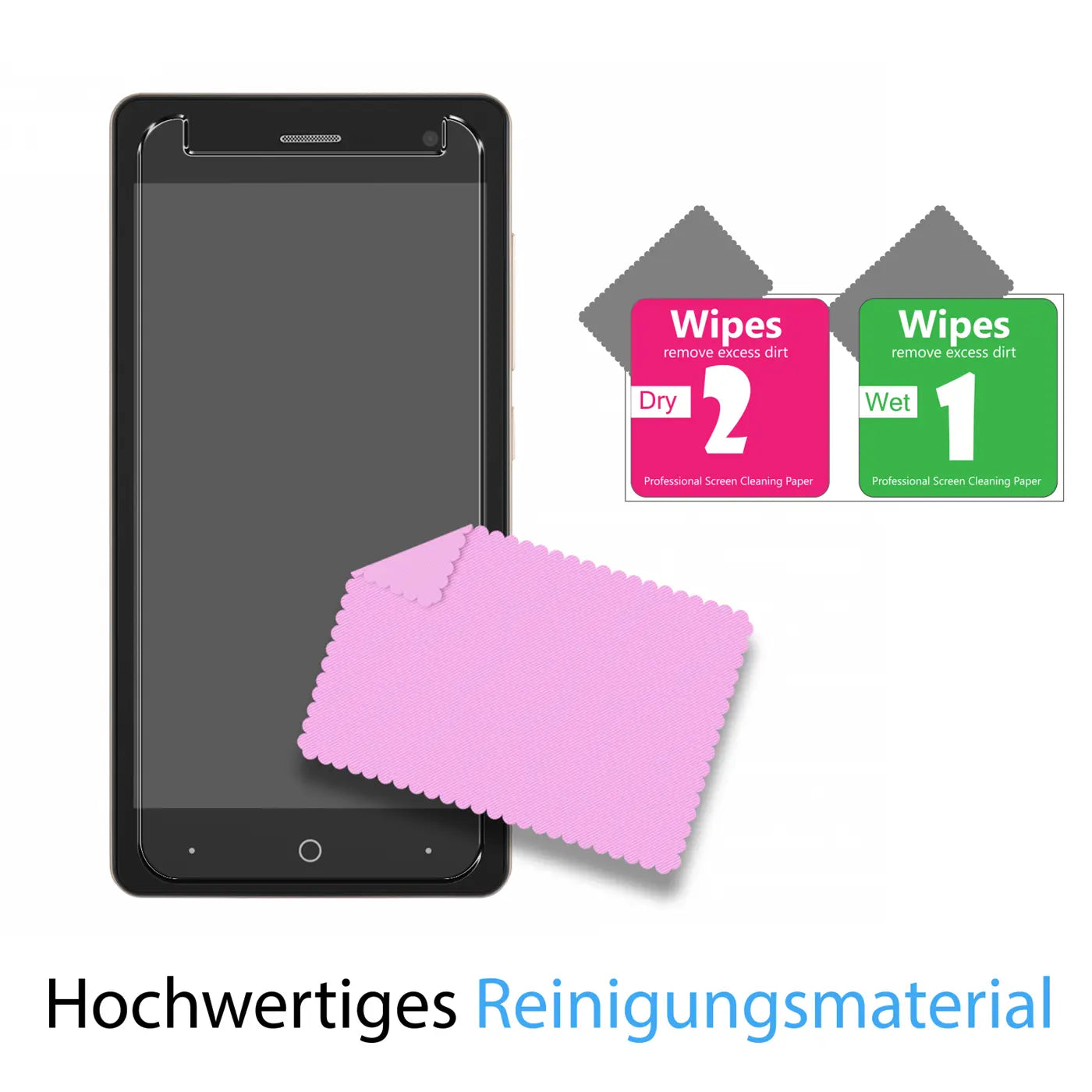 ZTE Blade L7 mit aufgelegtem Panzerglas, pinkem Mikrofasertuch und zwei Reinigungstüchern (Wet/Dry) von oben.
