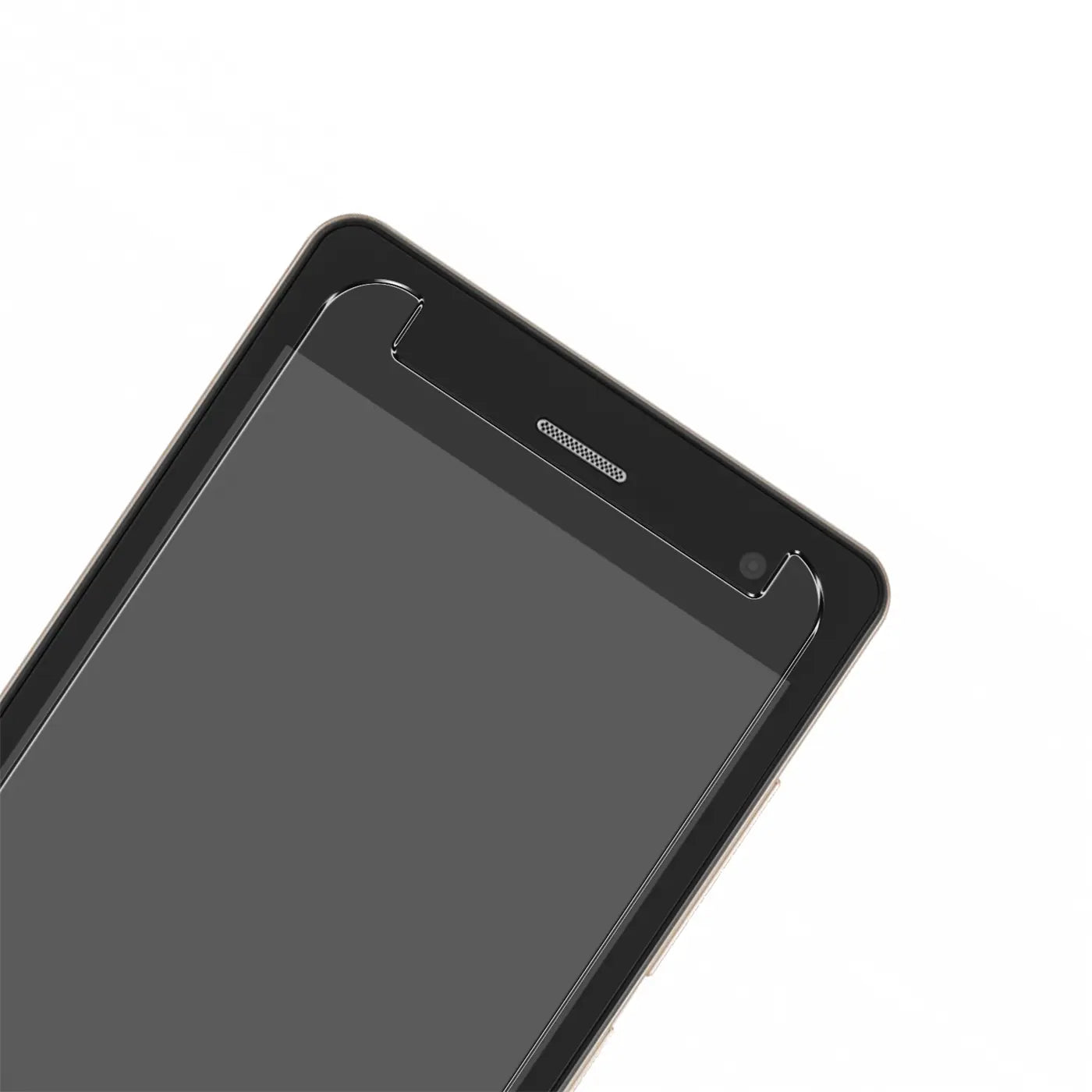 Nahaufnahme eines schwarzen ZTE Blade L7 Handys mit transparentem Panzerglas-Displayschutz, schräg von oben.
