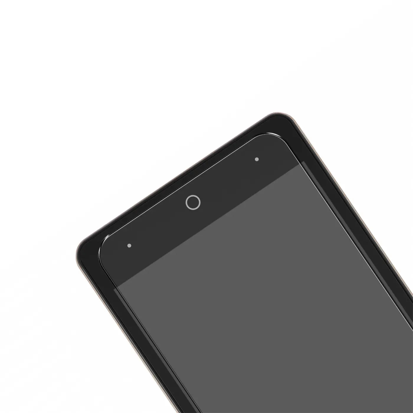 Schwarzes ZTE Blade L7 Smartphone mit transparentem Panzerglas-Displayschutz, schräg von oben rechts.