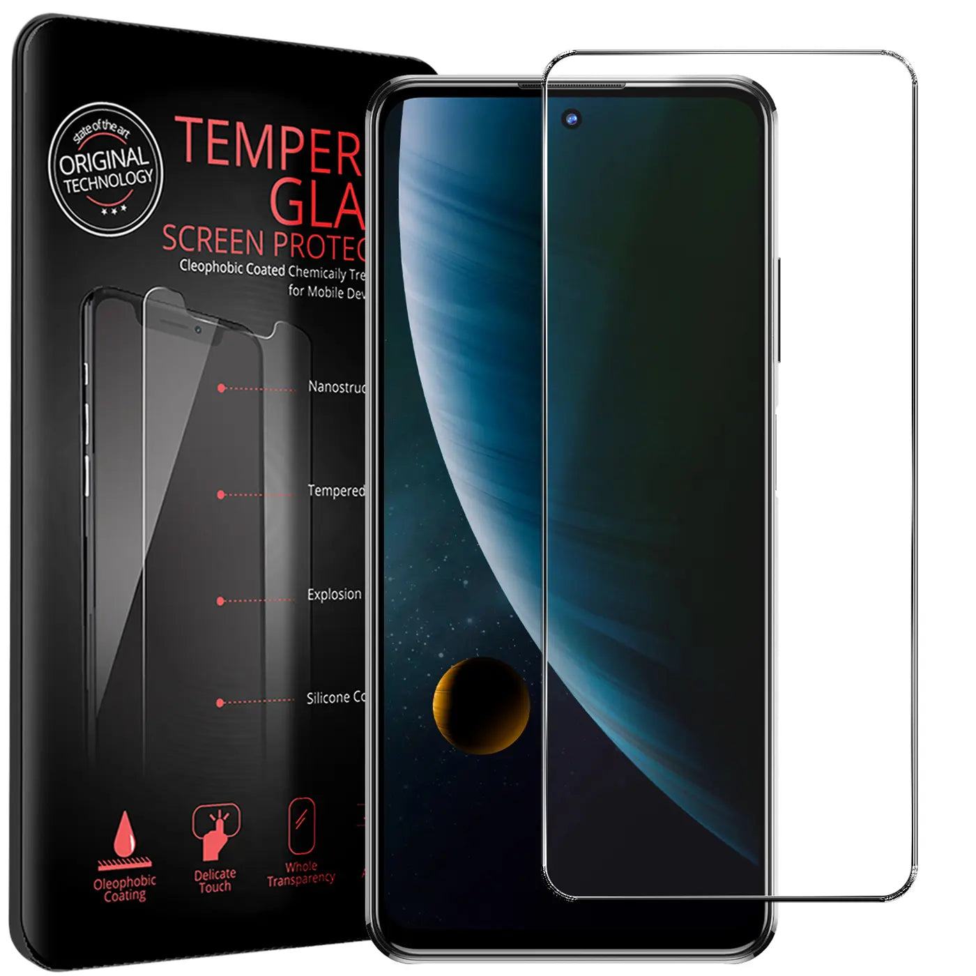 Schwarze Verpackung mit 2 transparenten Panzerglas-Displayschutzfolien für ZTE Blade V30, eine auf Handy, eine daneben.