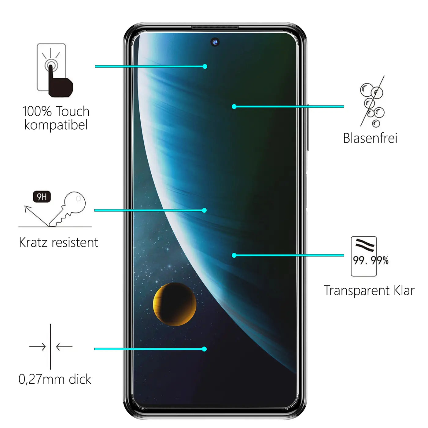 ZTE Blade V30 mit schwarzem Rahmen, Display mit Weltraum-Hintergrund, von vorne, umgeben von Produktmerkmalen.
