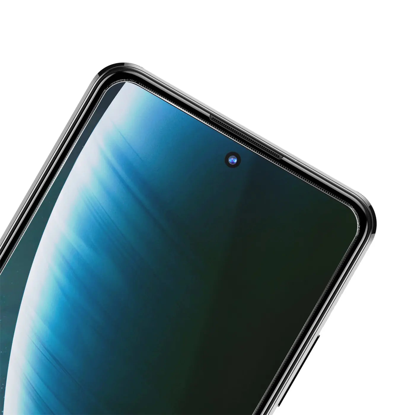 Nahaufnahme des oberen Bereichs eines schwarzen ZTE Blade V30 Smartphones mit glänzendem Panzerglas-Displayschutz.